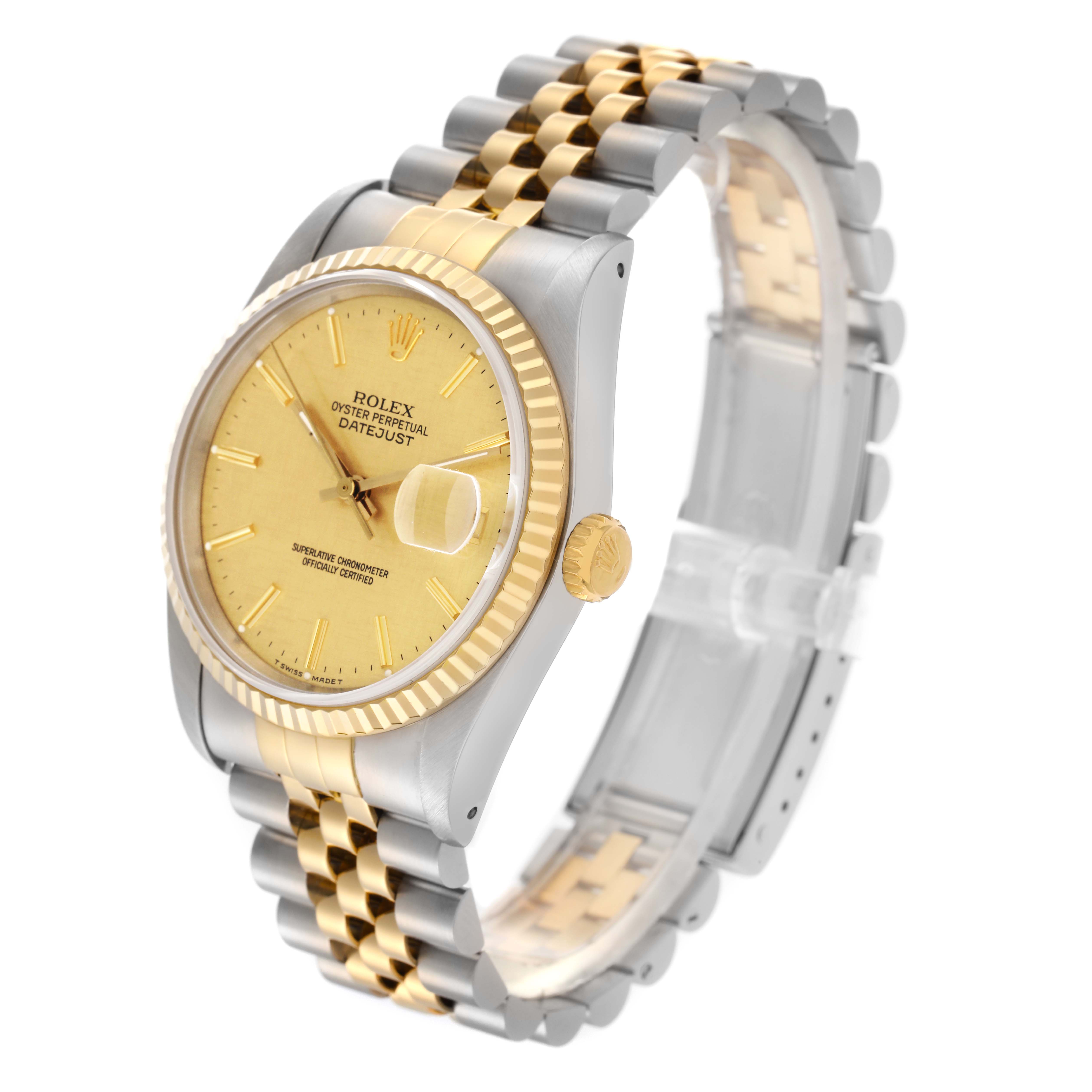 The Rolex Datejust 16233 Men's Steel and Gold (two tone) Champagne Dial 16233 Men's Steel and Gold (two tone) Champagne Dial watch is shown at a three-quarter angle, displaying the face, fluted bezel, and Jubilee bracelet.