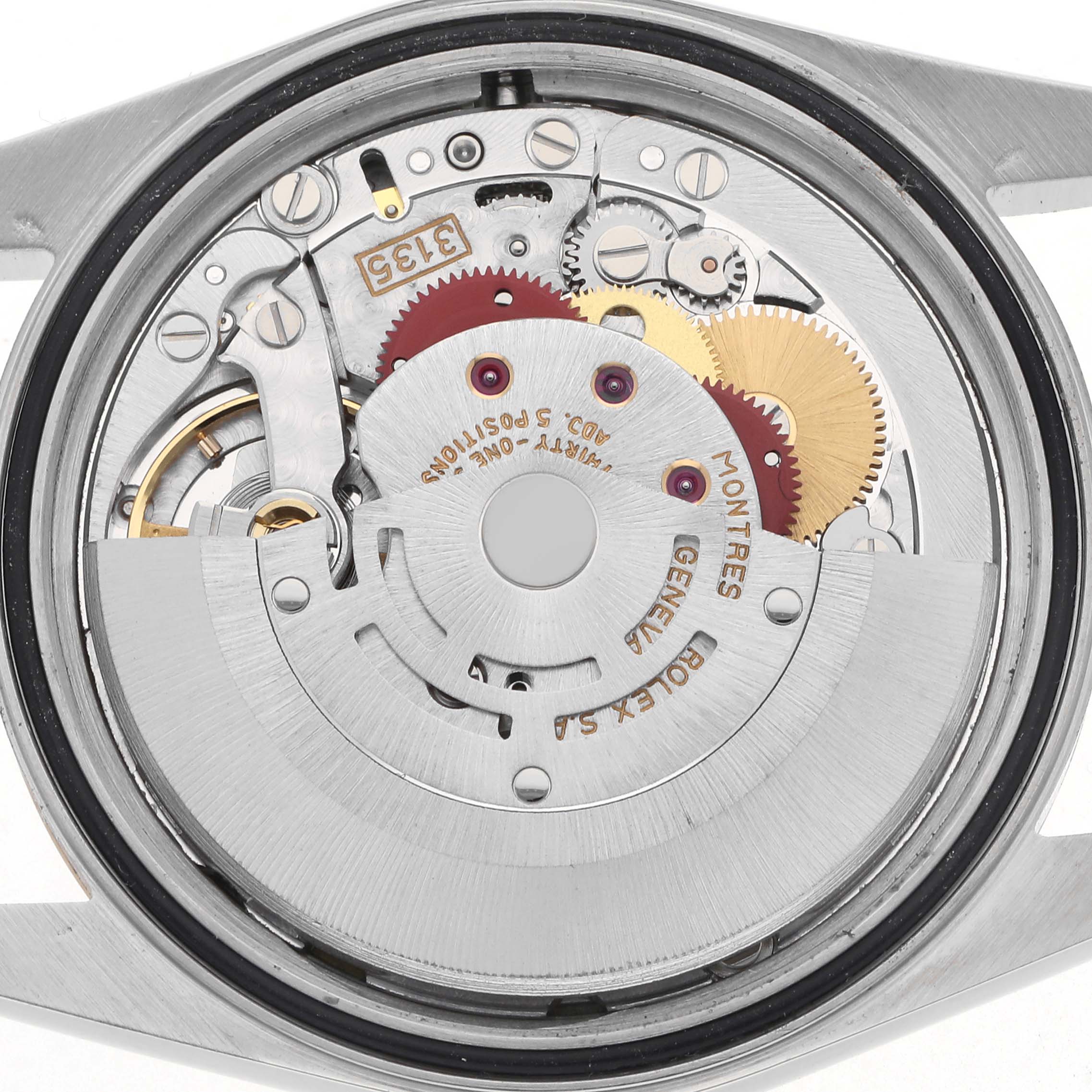 This image shows the movement of a Rolex Datejust 16233 Men's Steel and Gold (two tone) Champagne Dial 16233 Men's Steel and Gold (two tone) Champagne Dial, specifically the intricate components inside the case from a top-down angle.