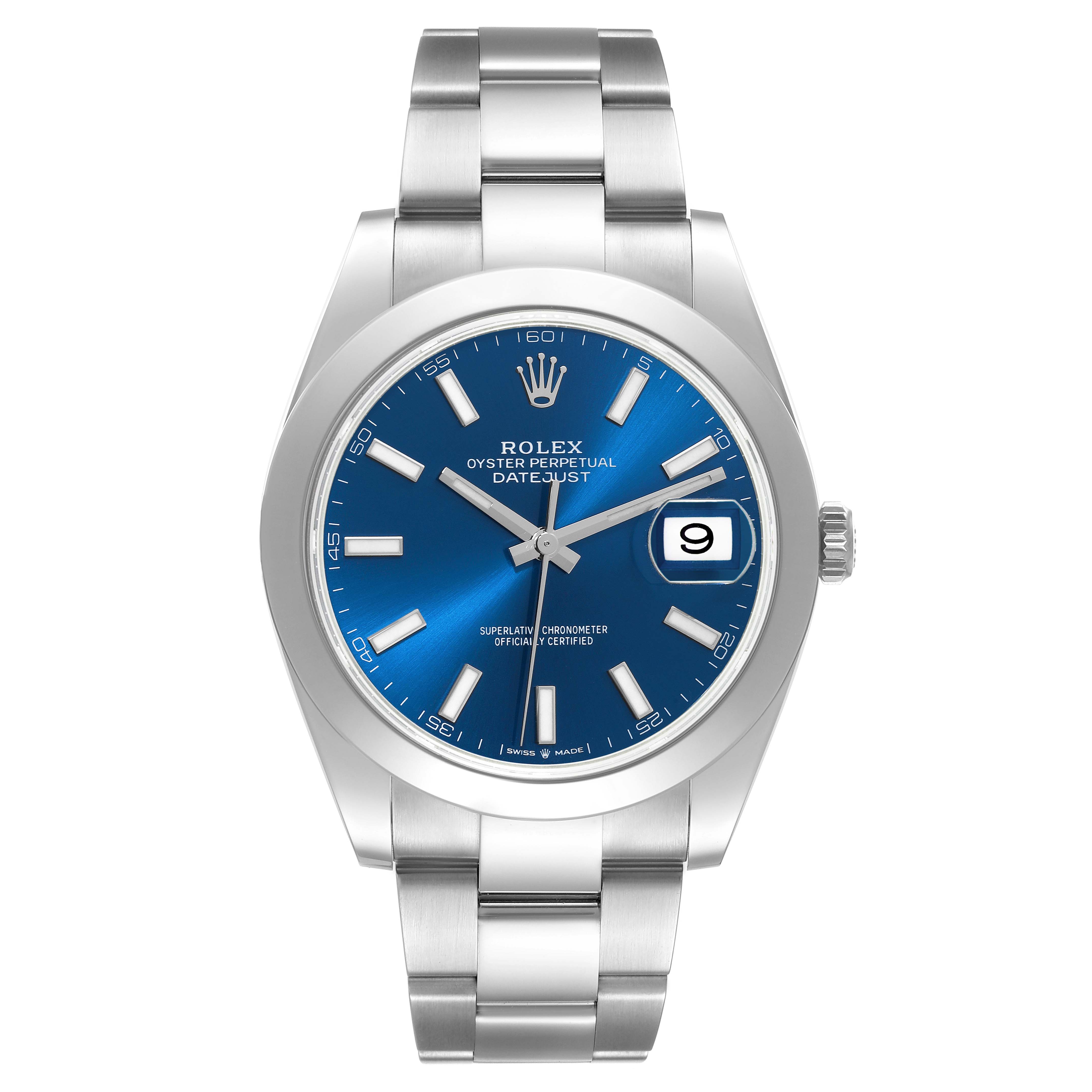 The image shows a front view of a Rolex Datejust 41 126300 Men's Stainless Steel Blue Dial 126300 Men's Stainless Steel Blue Dial watch featuring a blue dial and an Oystersteel bracelet.