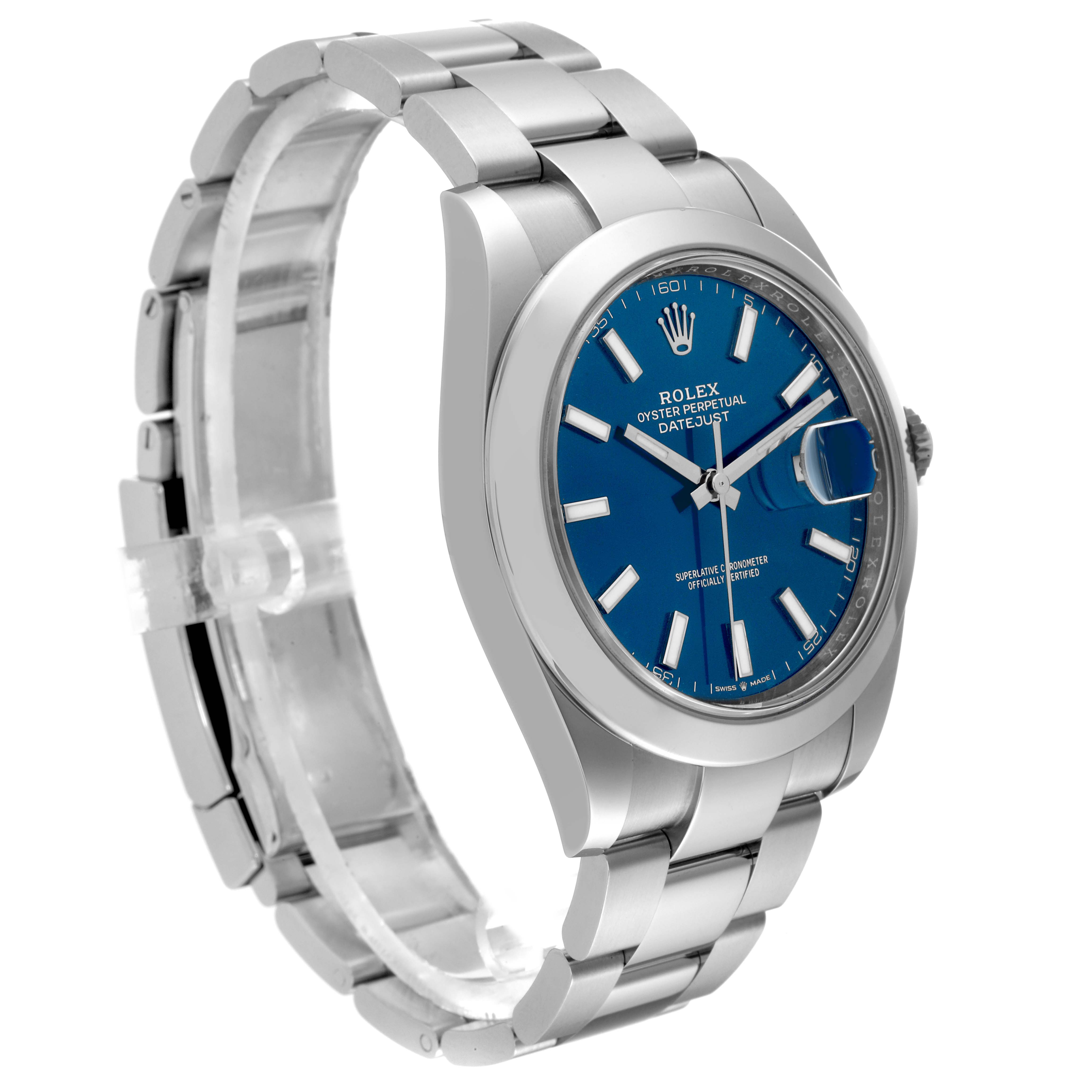 The Rolex Datejust 41 126300 Men's Stainless Steel Blue Dial 126300 Men's Stainless Steel Blue Dial watch is shown at a slight angle displaying its blue dial, silver-tone hands and markers, and stainless steel bracelet.