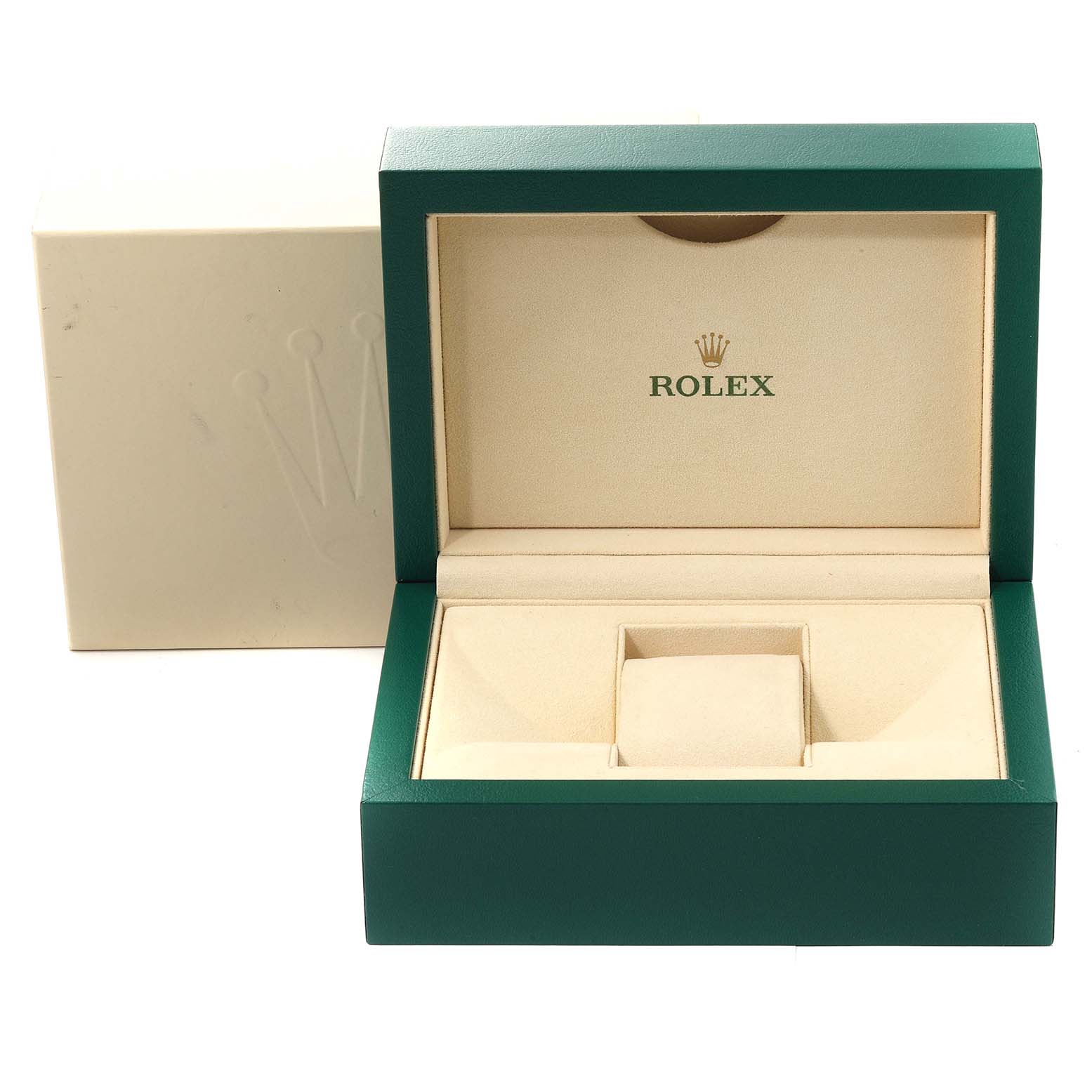 This image shows the open box of a Rolex Datejust 41 126300 Men's Stainless Steel Blue Dial 126300 Men's Stainless Steel Blue Dial, featuring green and beige interior with the Rolex logo.