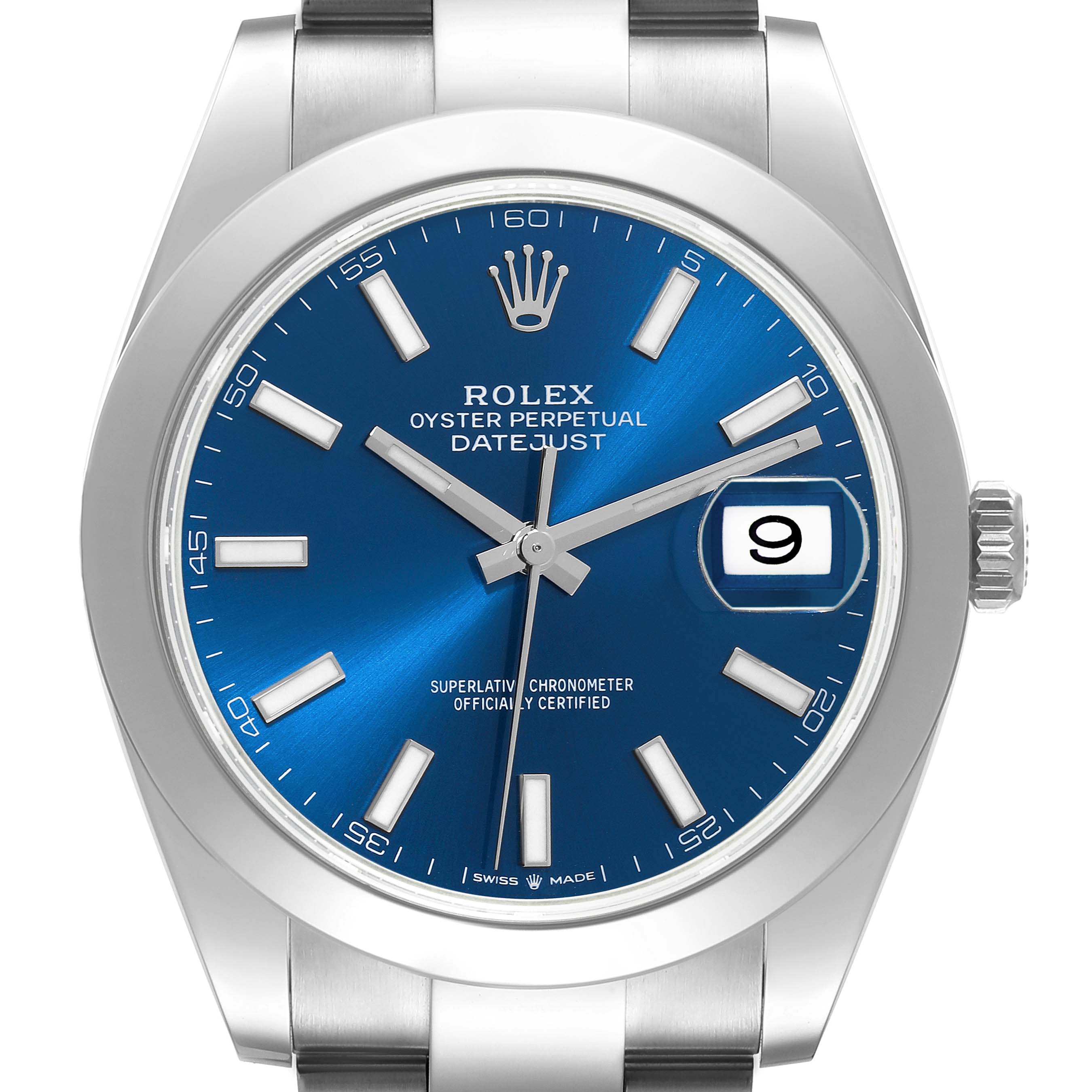 This image displays the Rolex Datejust 41 126300 Men's Stainless Steel Blue Dial 126300 Men's Stainless Steel Blue Dial model, showing the front face with a blue dial and the date at the 3 o'clock position.