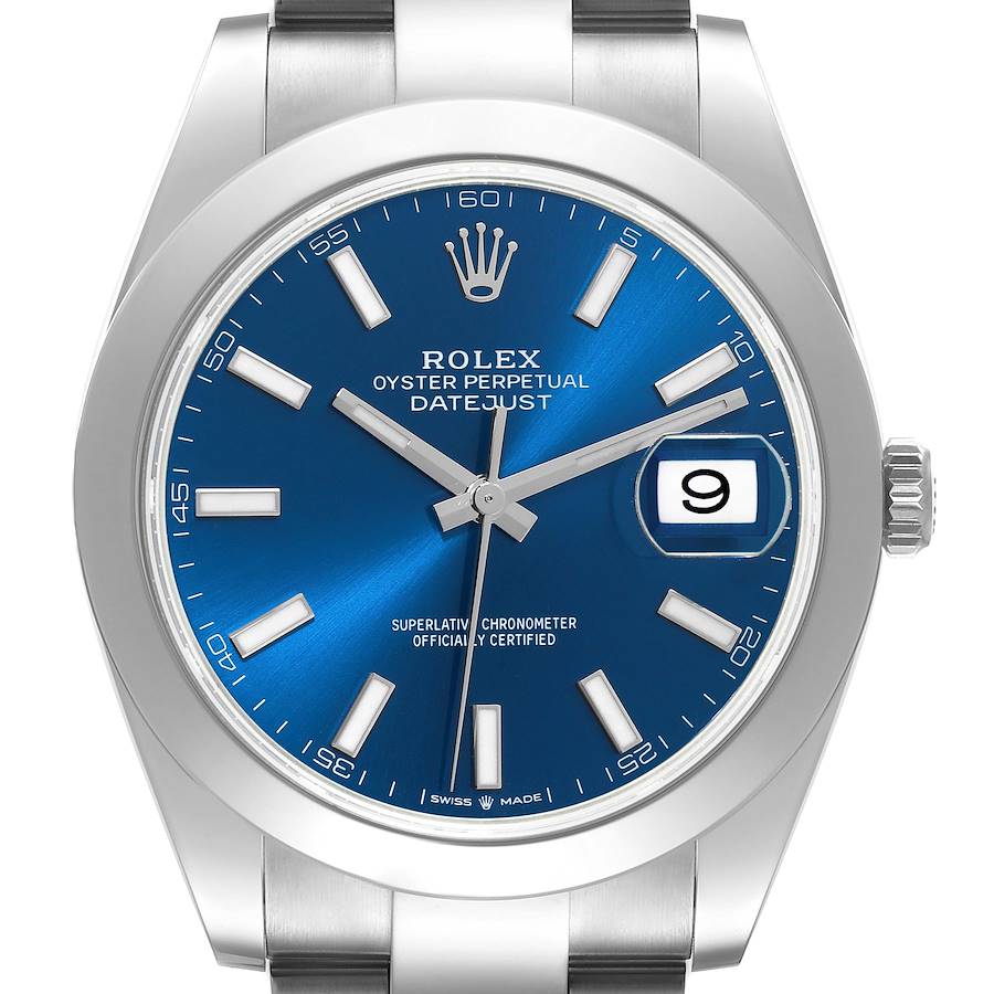 Rolex Datejust 41 Blue Dial Smooth Bezel Steel Mens Watch 126300 SwissWatchExpo