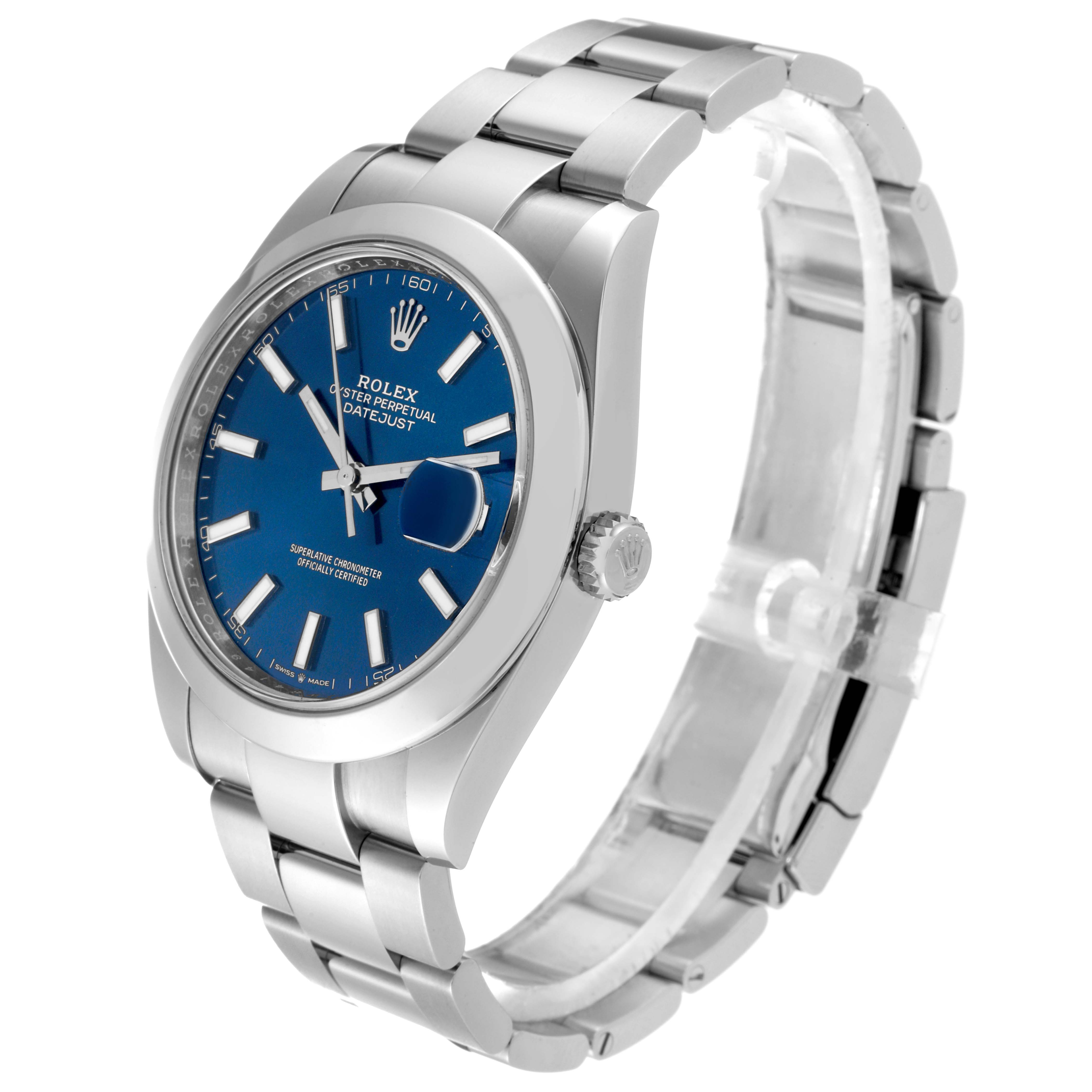 The image shows a Rolex Datejust 41 126300 Men's Stainless Steel Blue Dial 126300 Men's Stainless Steel Blue Dial watch from an angled side view, highlighting its blue dial, bracelet, and crown.