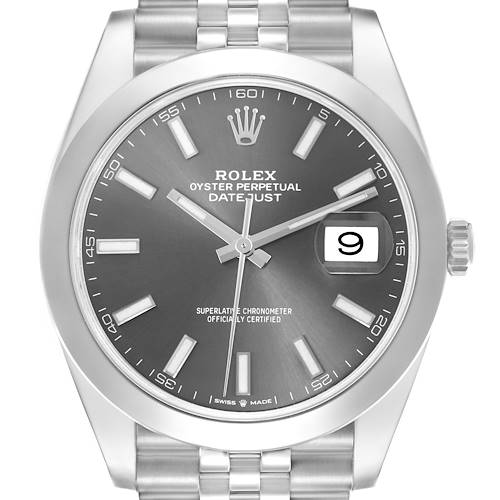 The Rolex Datejust 41 is shown from the front, displaying the dial, hour markers, hands, date window, and part of the bracelet.