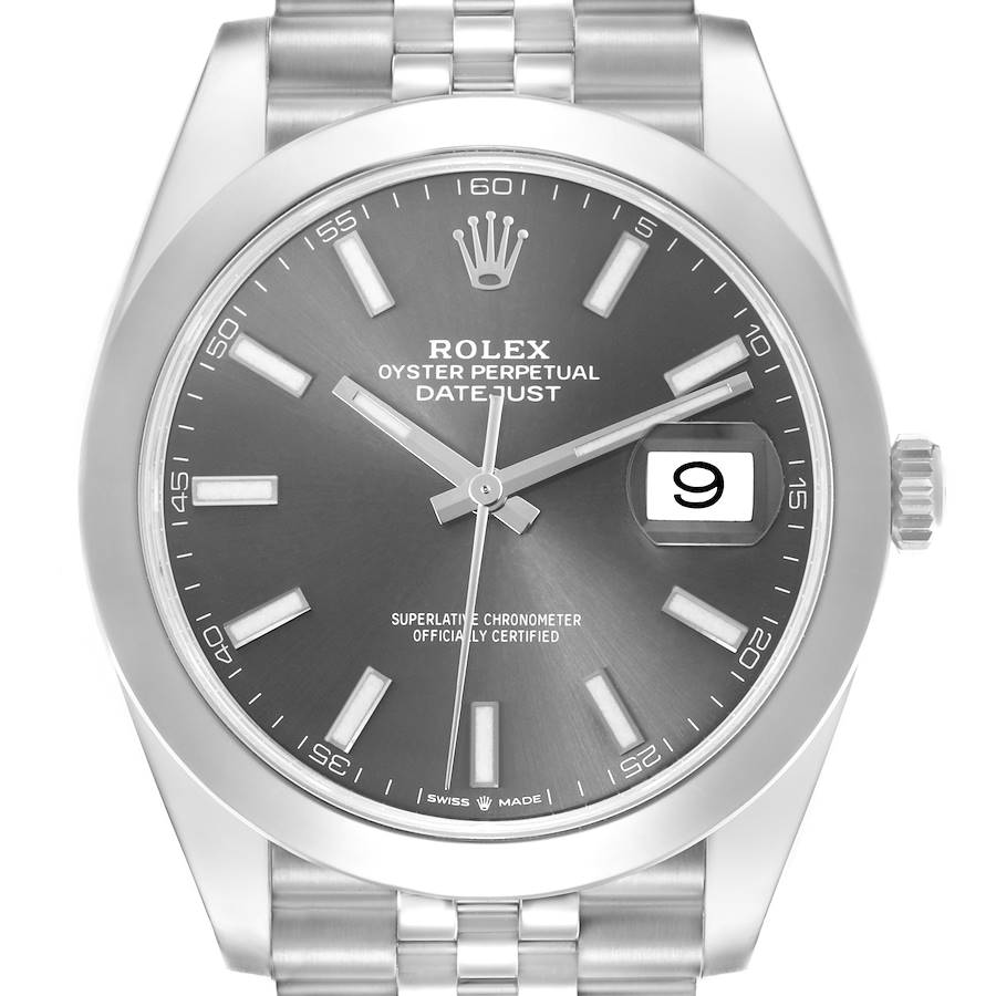 The Rolex Datejust 41 watch is shown from the front, highlighting the dial, hands, crown, and bracelet.