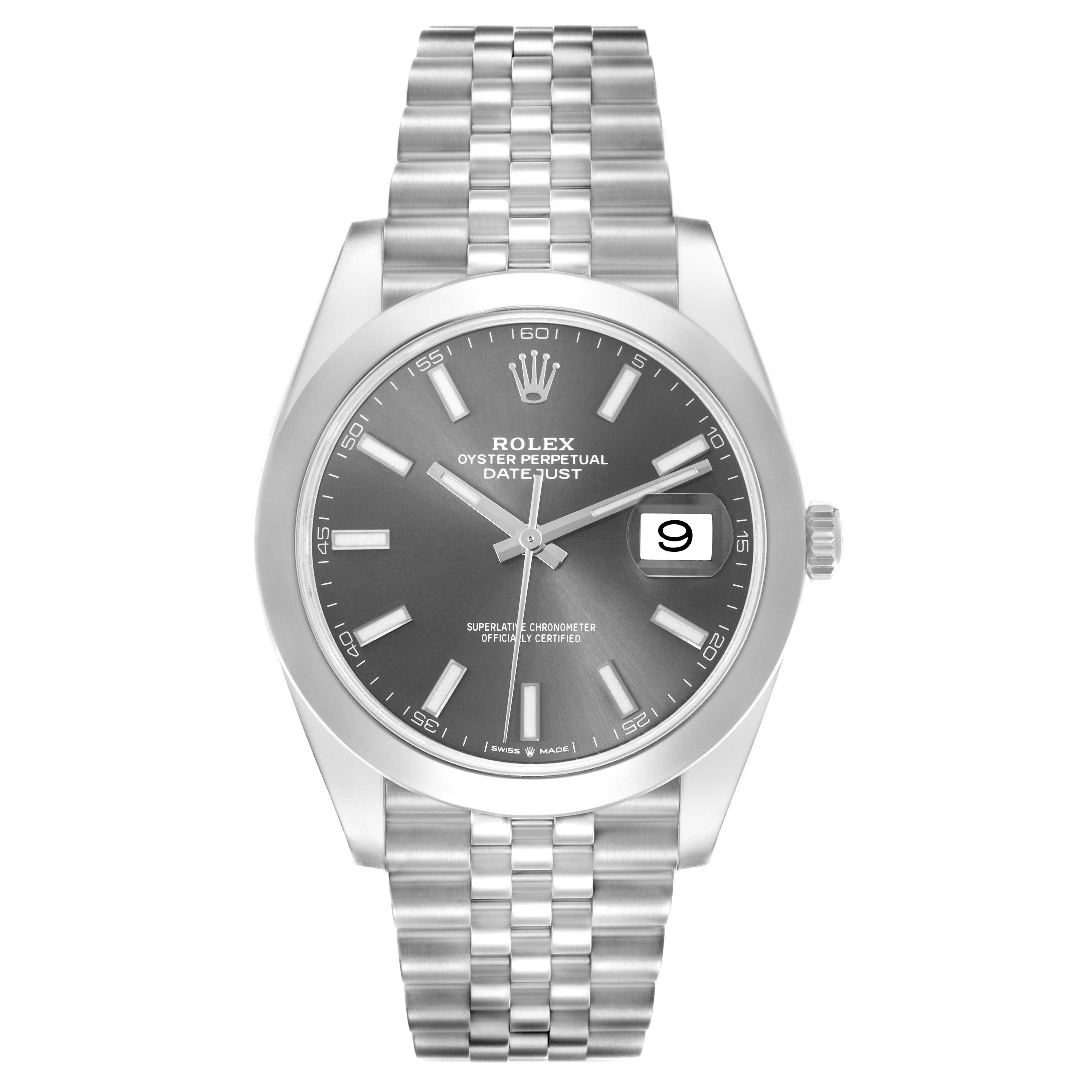 The Rolex Datejust 41 126300 Men's Stainless Steel Grey Dial 126300 Men's Stainless Steel Grey Dial watch is shown from the front, highlighting the face, bezel, and Jubilee bracelet.