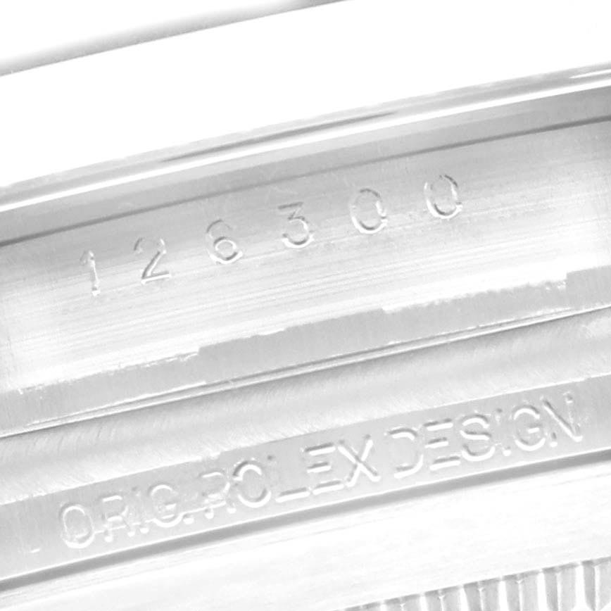 The image shows a close-up of the watch case's inner engraving, featuring the Rolex Datejust 41 126300 Men's Stainless Steel Grey Dial 126300 Men's Stainless Steel Grey Dial model number.