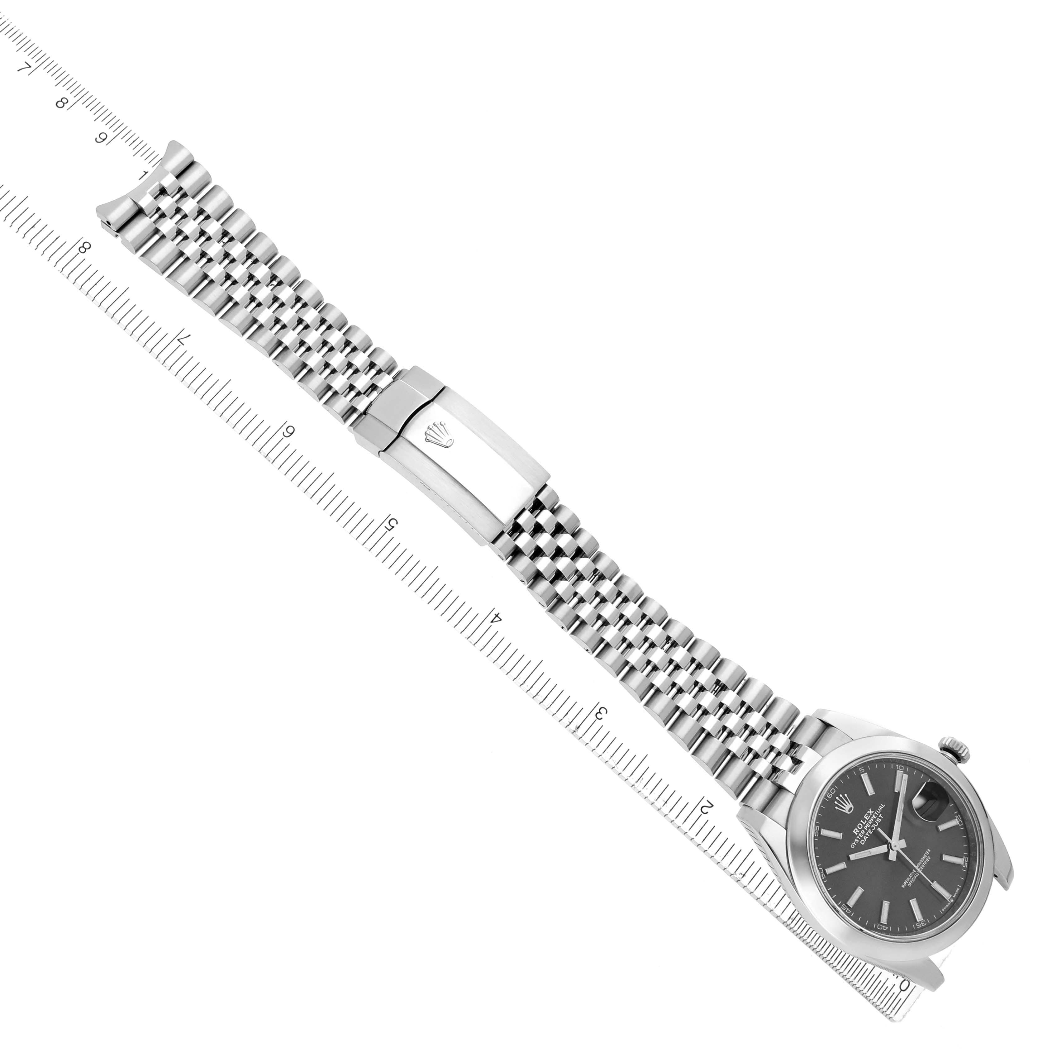 The Rolex Datejust 41 126300 Men's Stainless Steel Grey Dial 126300 Men's Stainless Steel Grey Dial is shown at an angled top view, displaying its bracelet, clasp, and watch face.