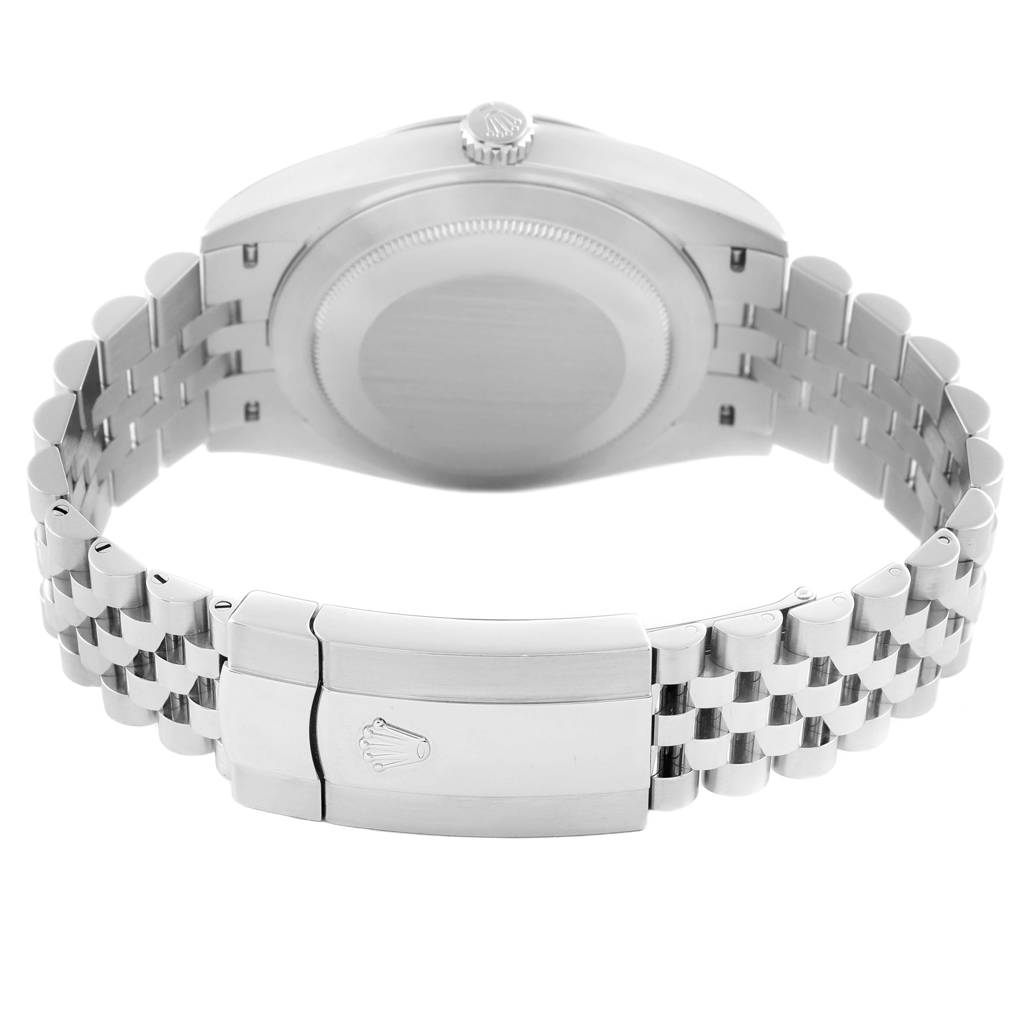 The Rolex Datejust 41 126300 Men's Stainless Steel Grey Dial 126300 Men's Stainless Steel Grey Dial is shown from the back, highlighting the bracelet, clasp, and case back.