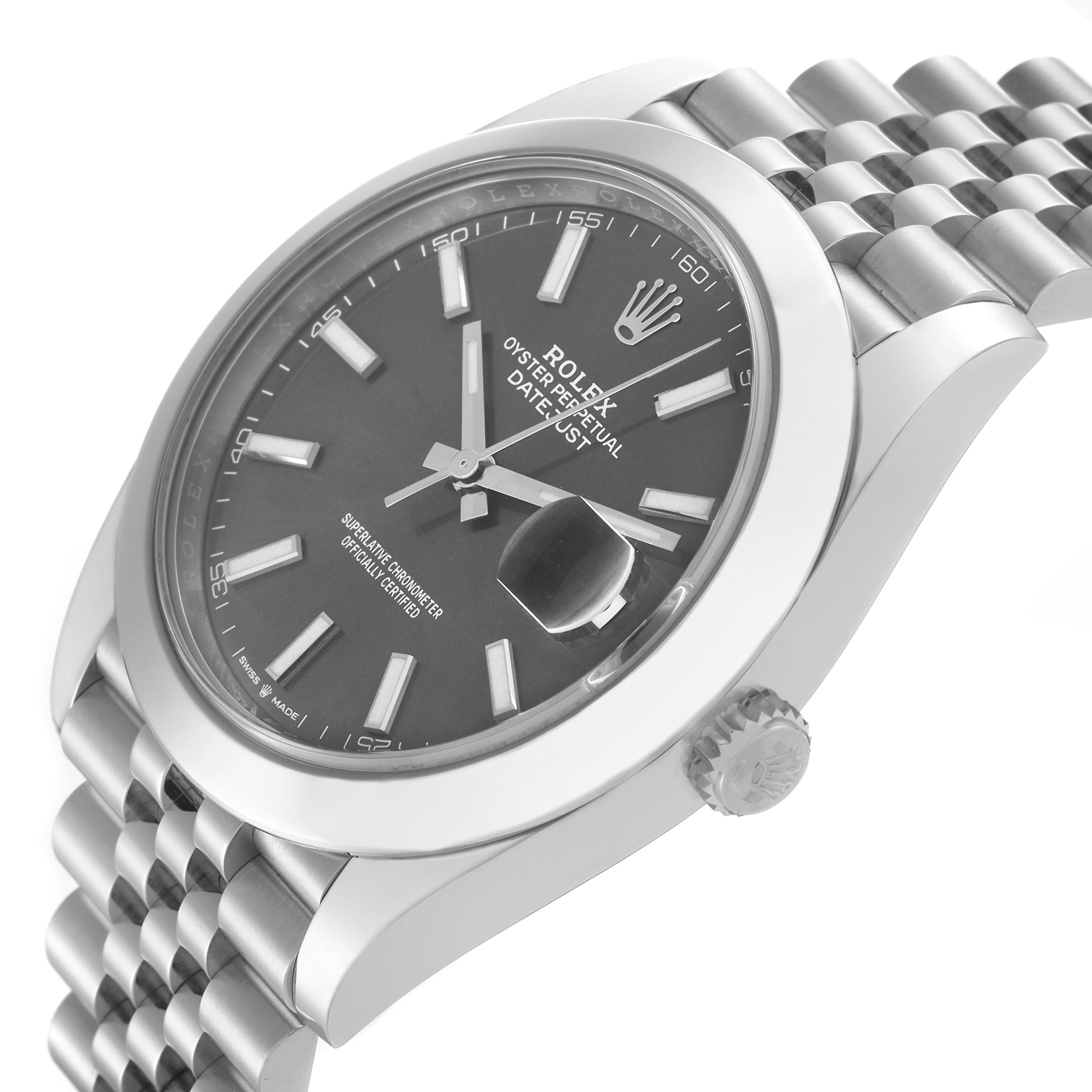 The Rolex Datejust 41 126300 Men's Stainless Steel Grey Dial 126300 Men's Stainless Steel Grey Dial is shown at an angled side view, highlighting the dial, bezel, crown, and Jubilee bracelet.