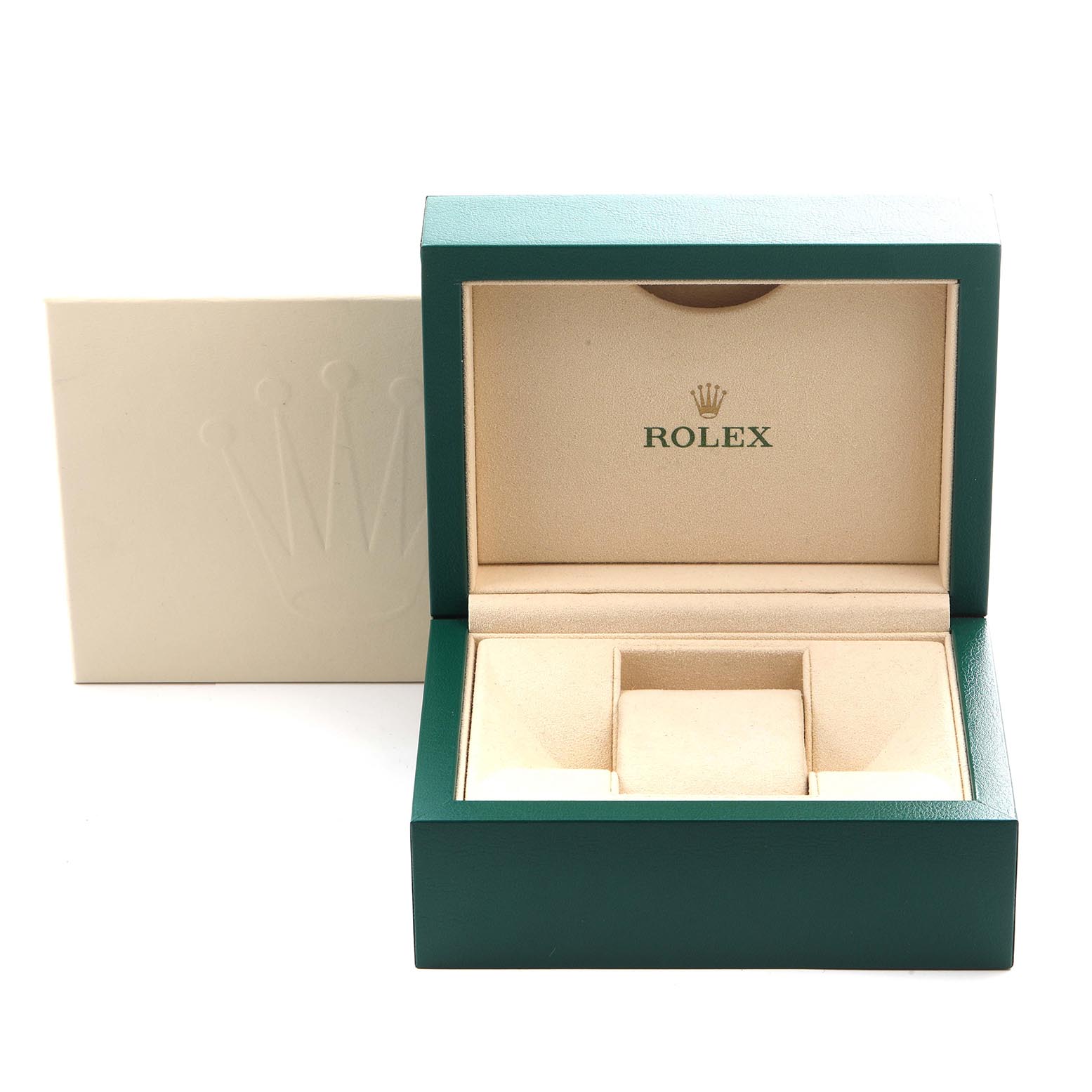 The image shows a green Rolex Datejust 41 126300 Men's Stainless Steel Grey Dial 126300 Men's Stainless Steel Grey Dial watch box with a beige interior and an outer sleeve featuring the Rolex logo.