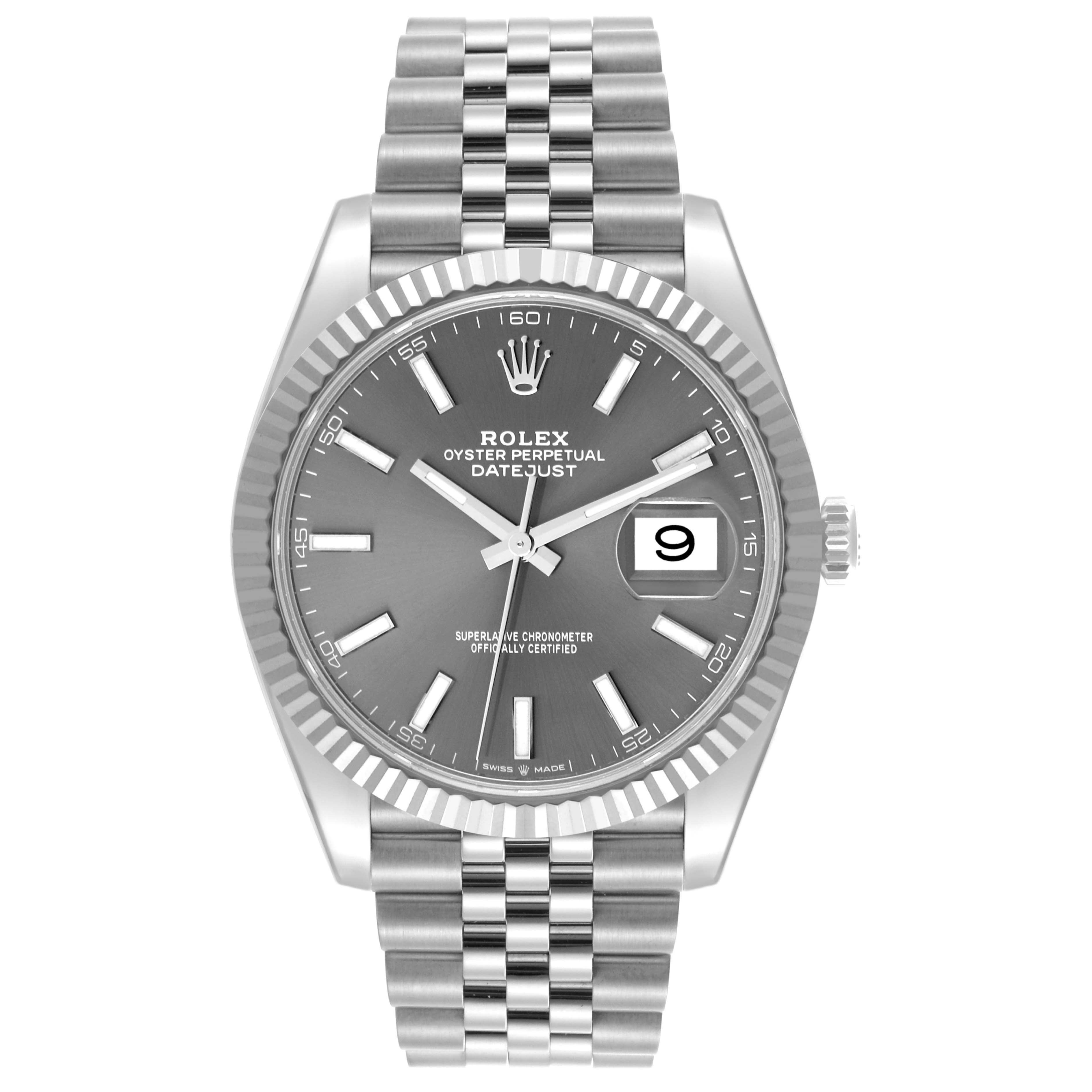 The Rolex Datejust 41 126334 Men's Stainless Steel Grey Dial 126334 Men's Stainless Steel Grey Dial is shown from the front, detailing the dial, bezel, and bracelet clearly.