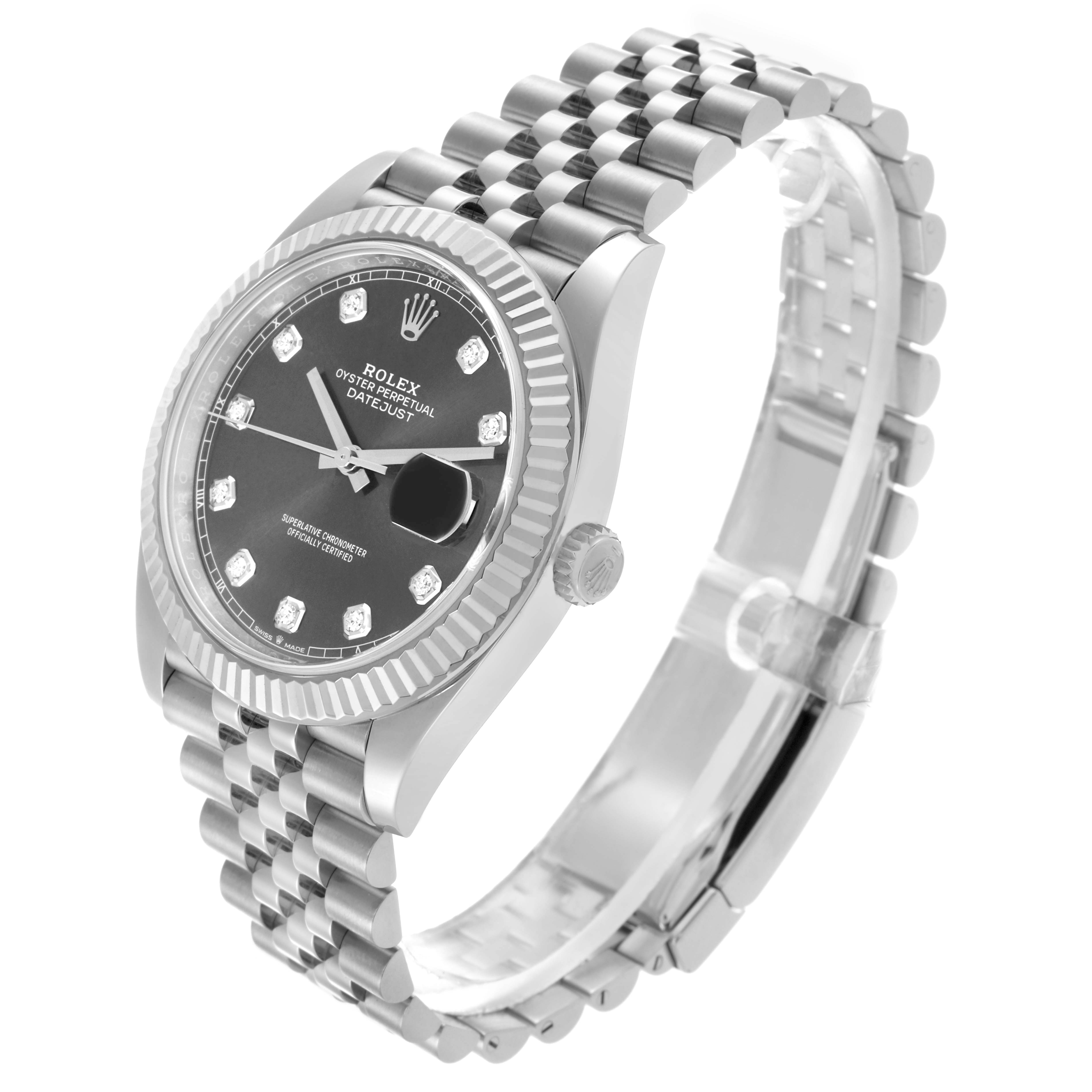 The Rolex Datejust 41 126334 Men's Stainless Steel Grey Dial 126334 Men's Stainless Steel Grey Dial is shown at an angle revealing the face, bezel, crown, and jubilee bracelet.