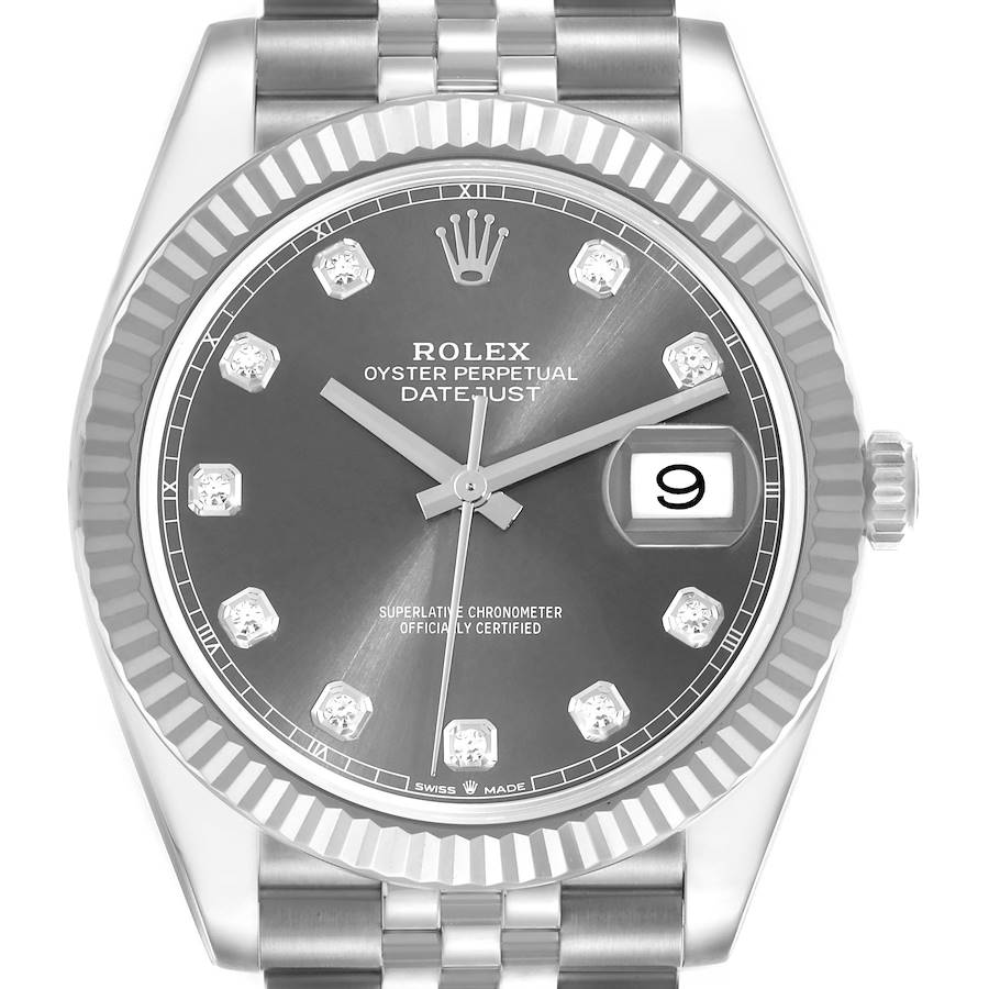The Rolex Datejust 41 is shown from a front view highlighting the dial, bezel, hands, date window, and part of the bracelet.