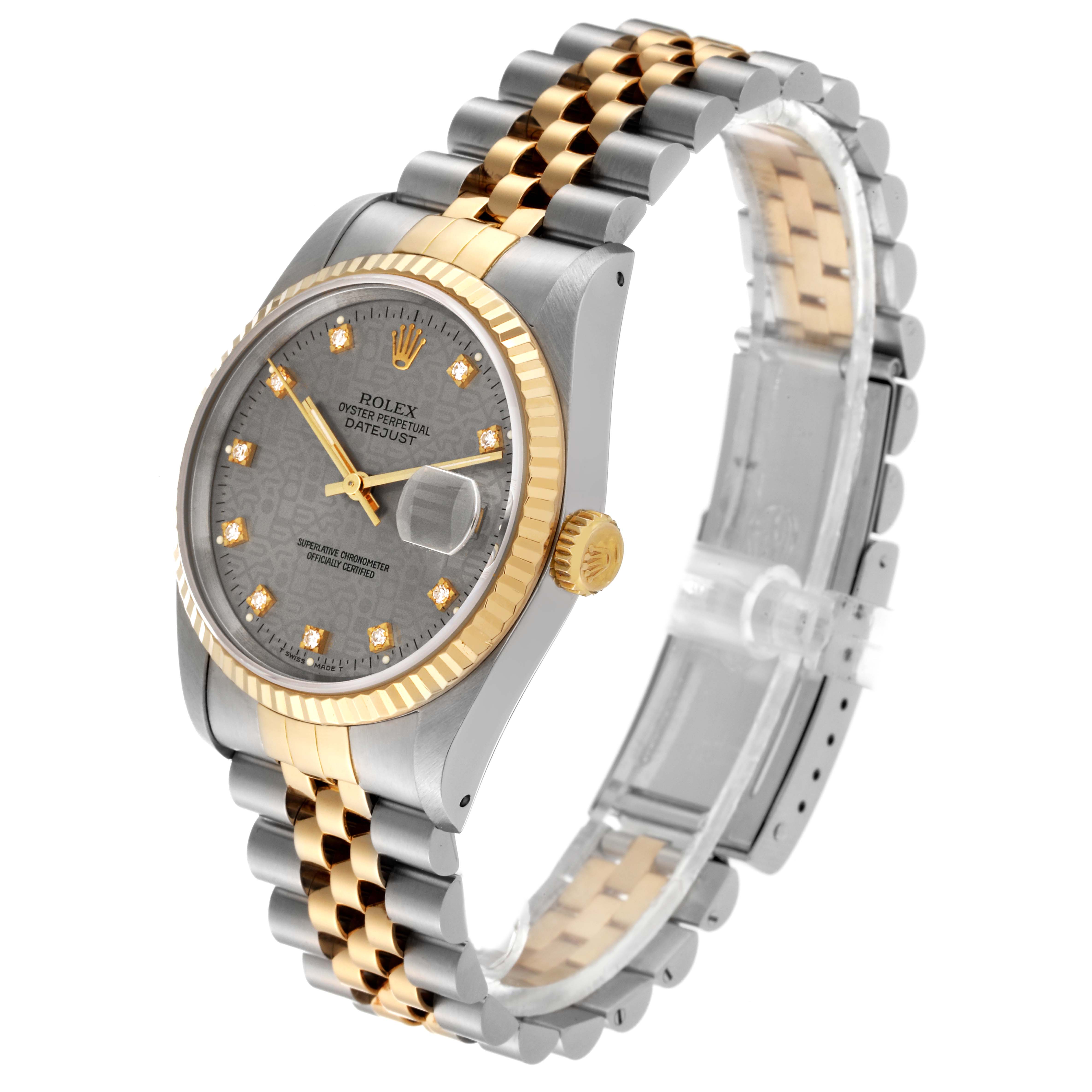 The Rolex Datejust 16233 Men
s Steel and Gold (two tone) Silver Dial 16233 Men
s Steel and Gold (two tone) Silver Dial watch is shown from an angled side view, highlighting its two-tone bracelet, gold fluted bezel, and gray dial.