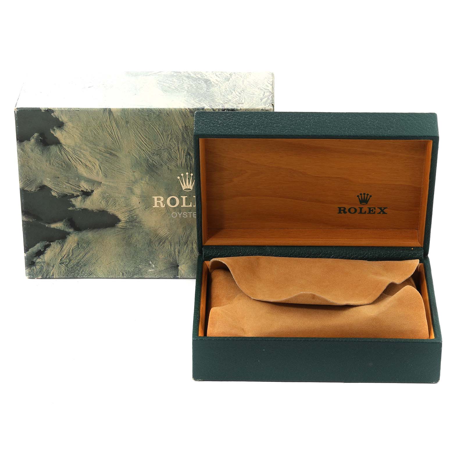 The image shows a Rolex Datejust 16233 Men
s Steel and Gold (two tone) Silver Dial 16233 Men
s Steel and Gold (two tone) Silver Dial watch box and outer case, with the watch box open to display the interior.