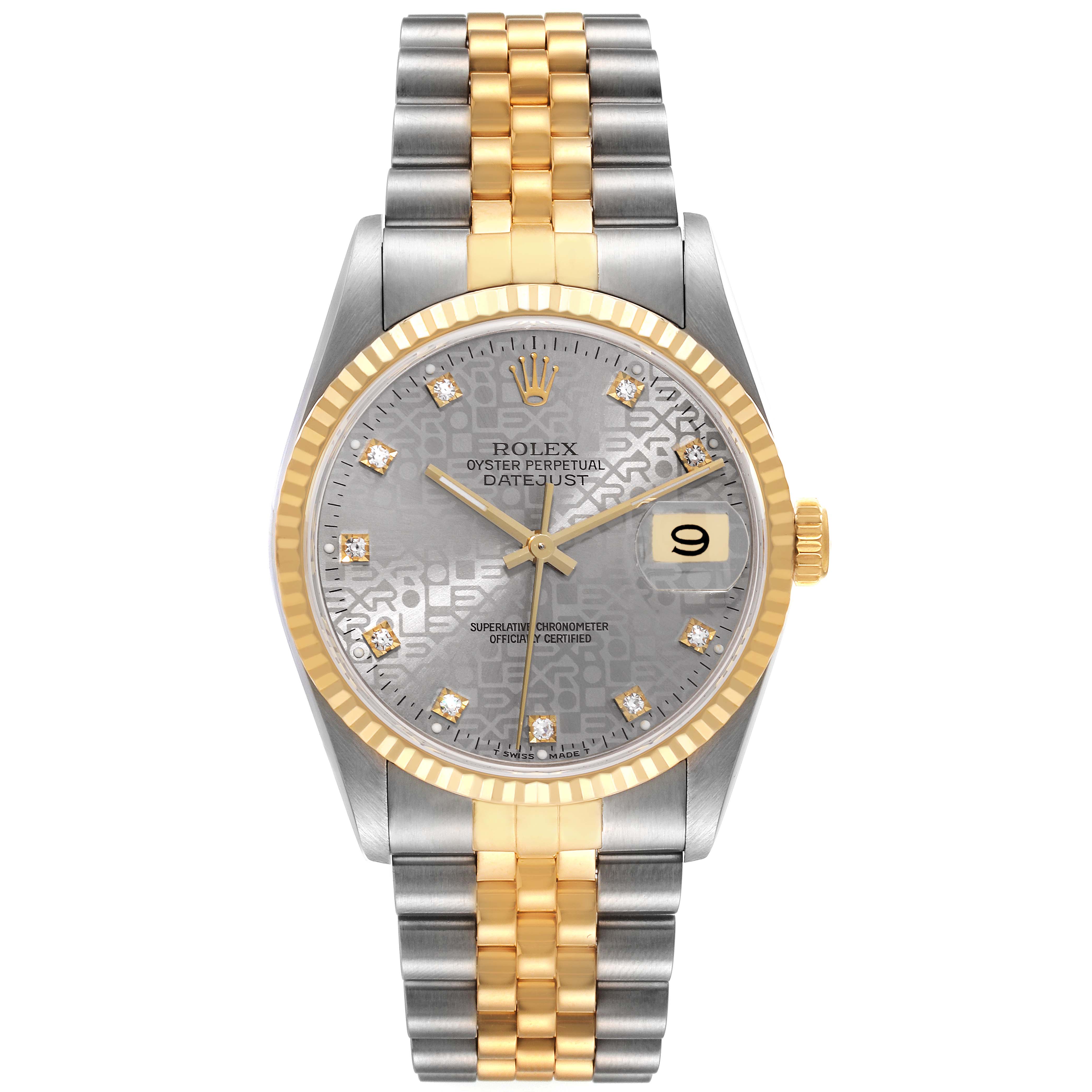 This image shows a front view of a Rolex Datejust 16233 Men
s Steel and Gold (two tone) Silver Dial 16233 Men
s Steel and Gold (two tone) Silver Dial watch, highlighting the dial, bezel, and bracelet.