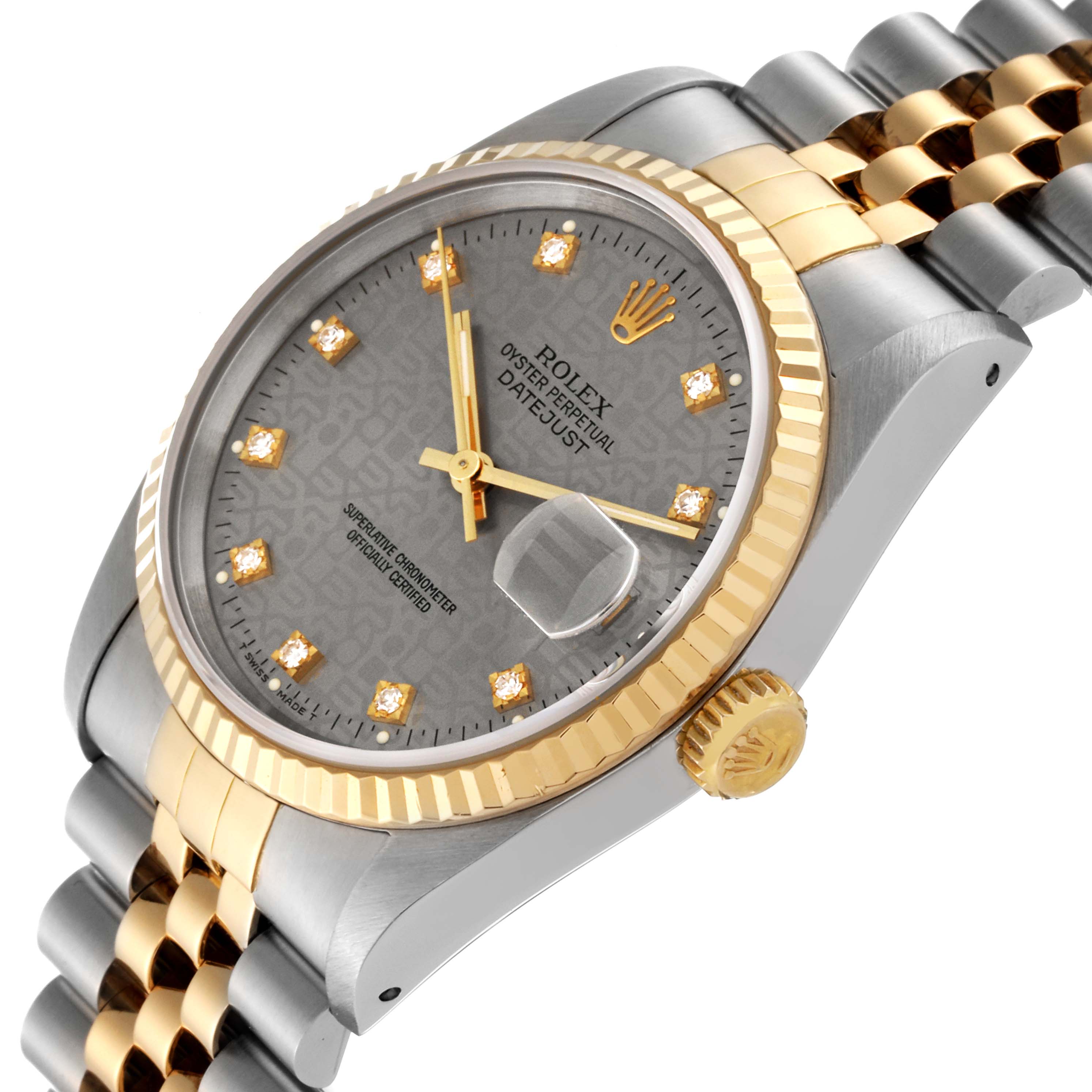 The image shows a close-up angle of the Rolex Datejust 16233 Men
s Steel and Gold (two tone) Silver Dial 16233 Men
s Steel and Gold (two tone) Silver Dial model, highlighting the dial, bezel, crown, and part of the bracelet.