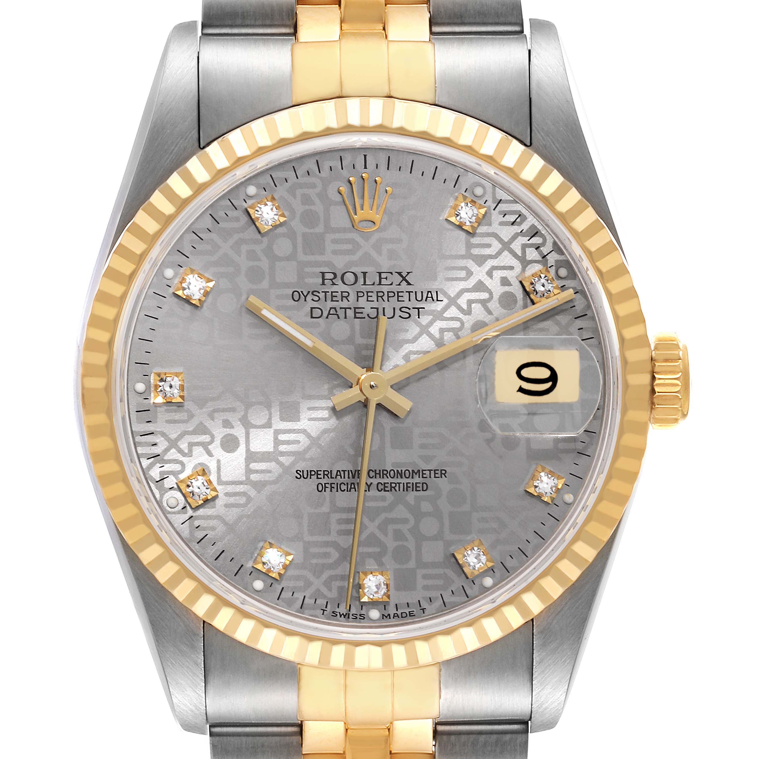 The image shows a front view of a Rolex Datejust 16233 Men
s Steel and Gold (two tone) Silver Dial 16233 Men
s Steel and Gold (two tone) Silver Dial watch with a two-tone bracelet and a date display at 3 o
clock.