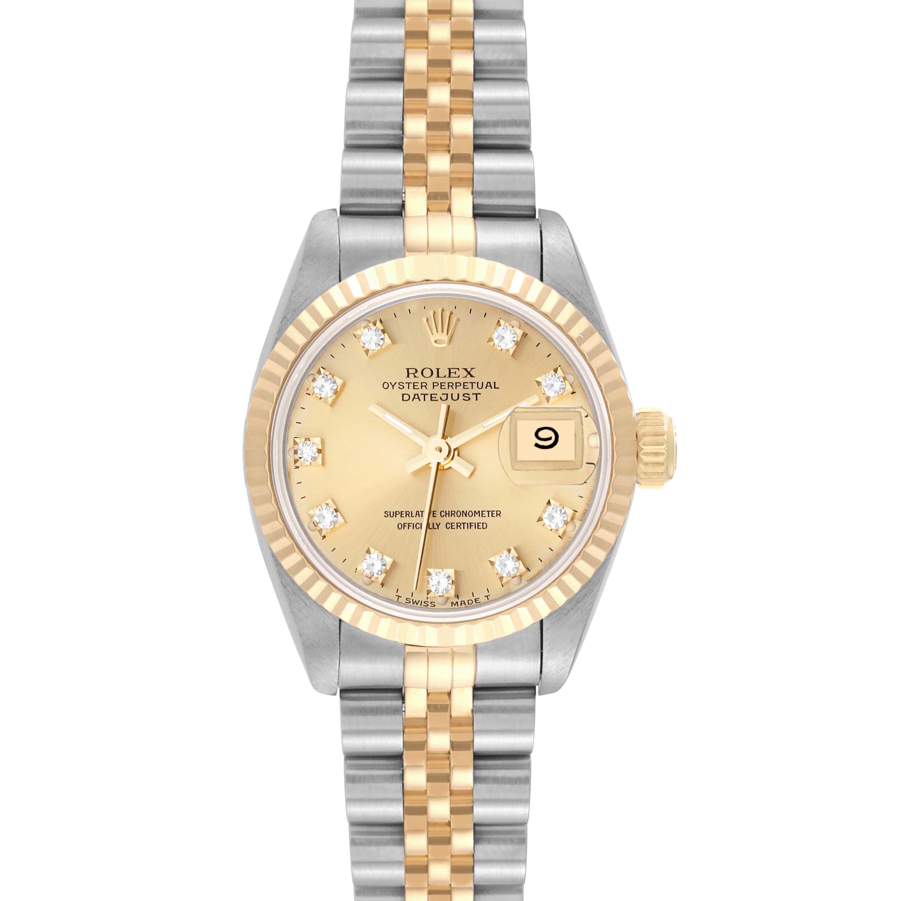 This image shows a front view of the Rolex Datejust 69173 Women's Steel and Gold (two tone) Champagne Dial 69173 Women's Steel and Gold (two tone) Champagne Dial watch, highlighting its dial, bezel, and bracelet.
