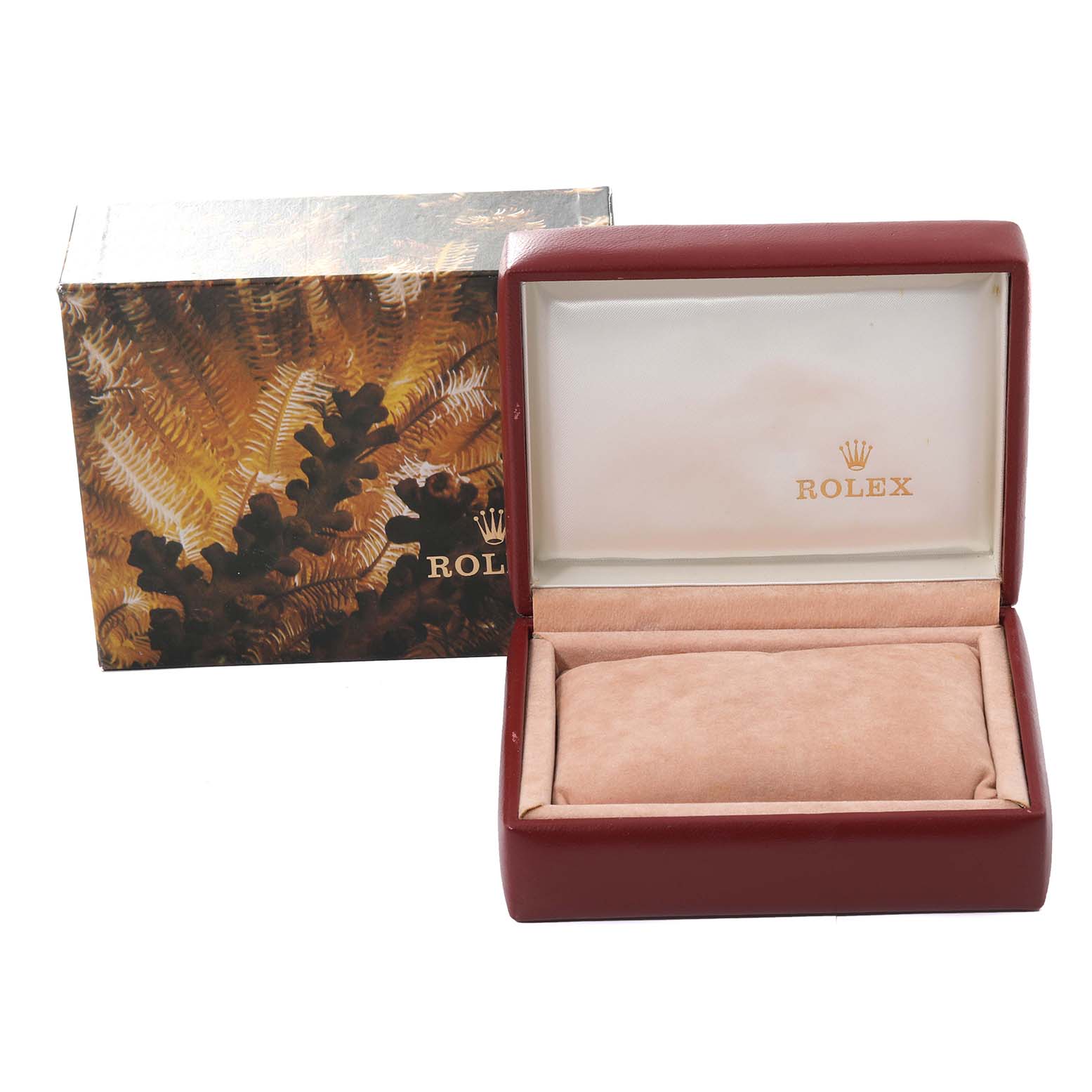 This image shows an empty Rolex Datejust 69173 Women's Steel and Gold (two tone) Champagne Dial 69173 Women's Steel and Gold (two tone) Champagne Dial watch box and outer box with the Rolex logo inside the box lid.