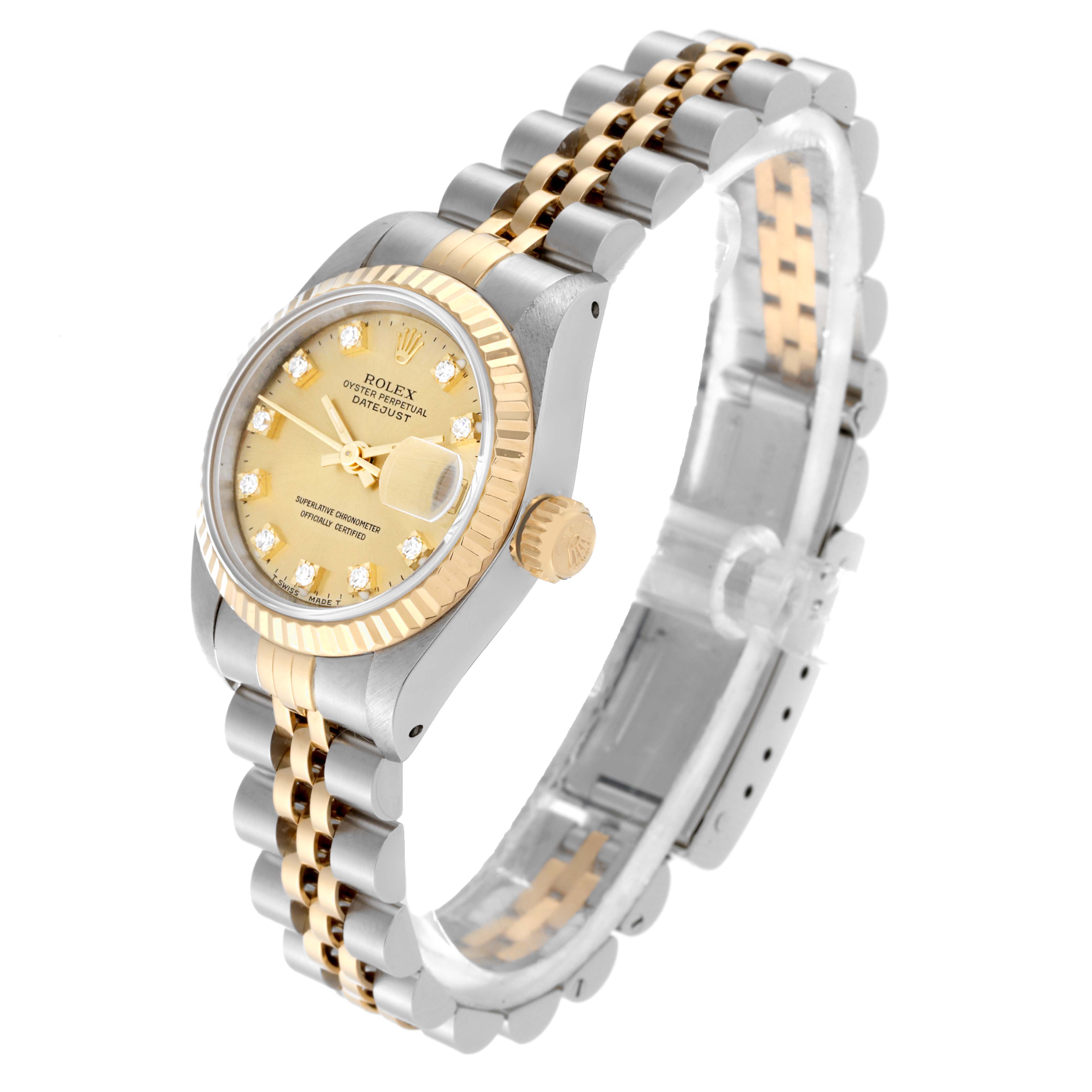 This image features a Rolex Datejust 69173 Women's Steel and Gold (two tone) Champagne Dial 69173 Women's Steel and Gold (two tone) Champagne Dial watch angled to show the dial, bezel, crown, and part of the bracelet.