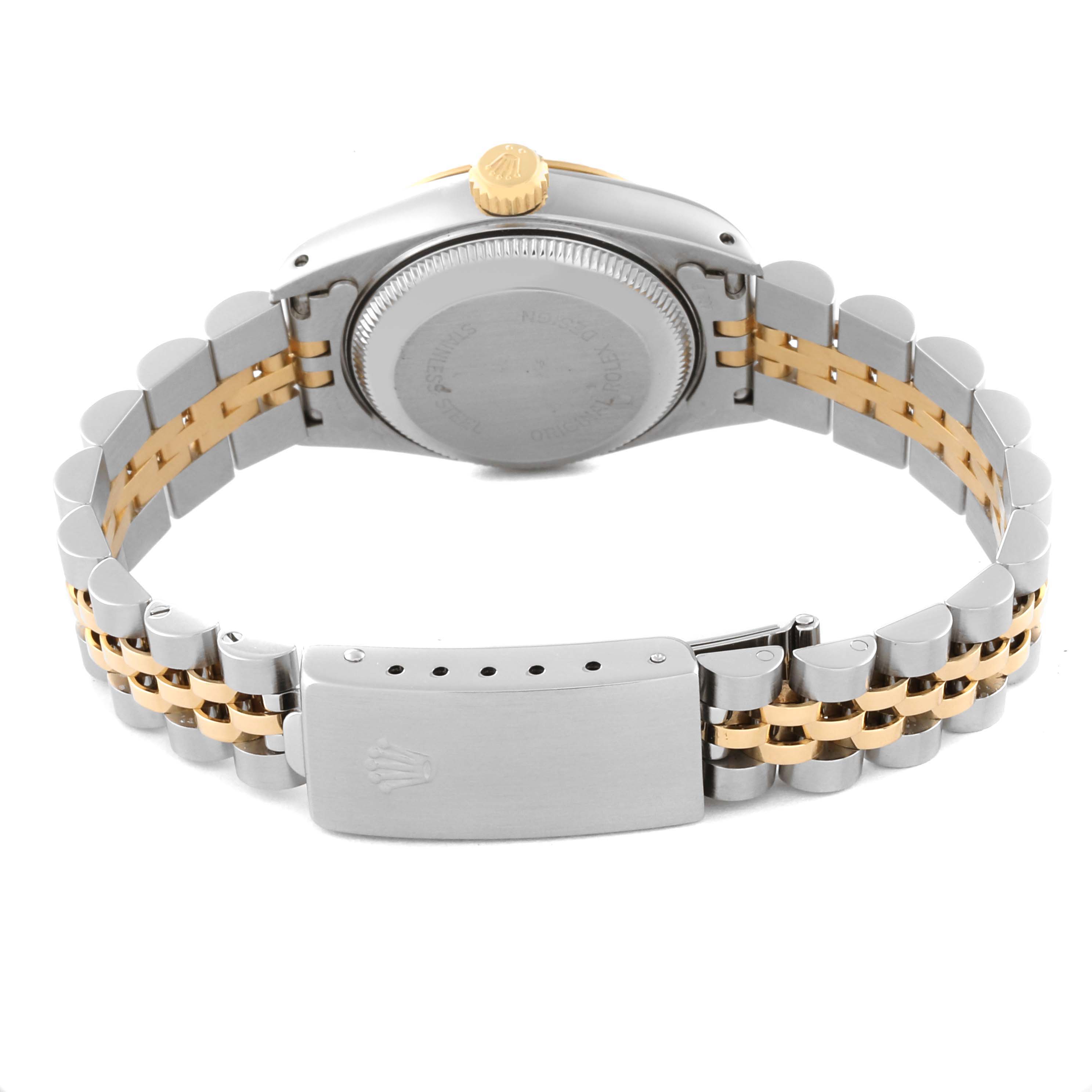 This image shows the back view of a Rolex Datejust 69173 Women's Steel and Gold (two tone) Champagne Dial 69173 Women's Steel and Gold (two tone) Champagne Dial watch, featuring its clasp, bracelet, and case back.
