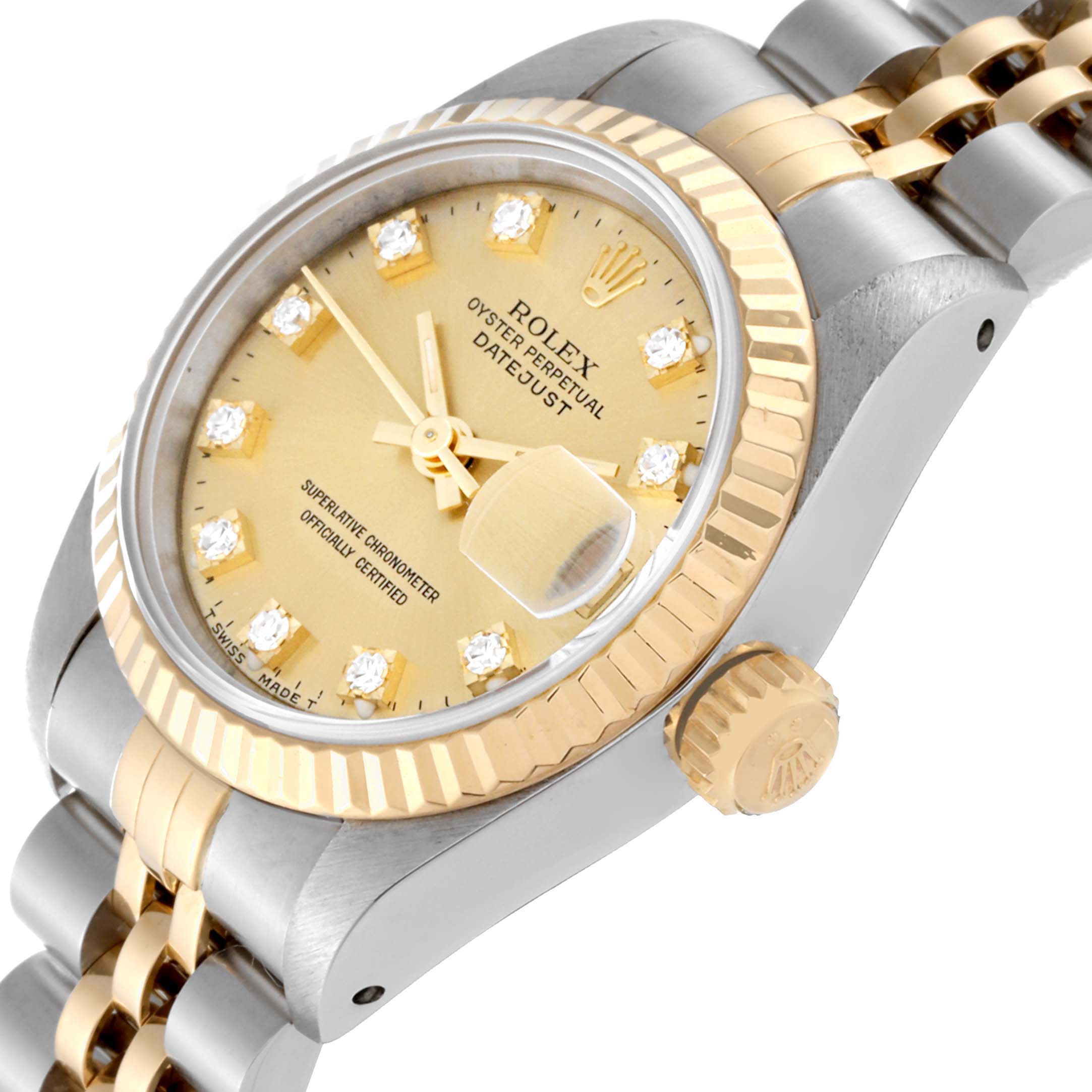 This image shows a close-up, angled view of the Rolex Datejust 69173 Women's Steel and Gold (two tone) Champagne Dial 69173 Women's Steel and Gold (two tone) Champagne Dial watch, highlighting the face, bezel, and part of the bracelet.