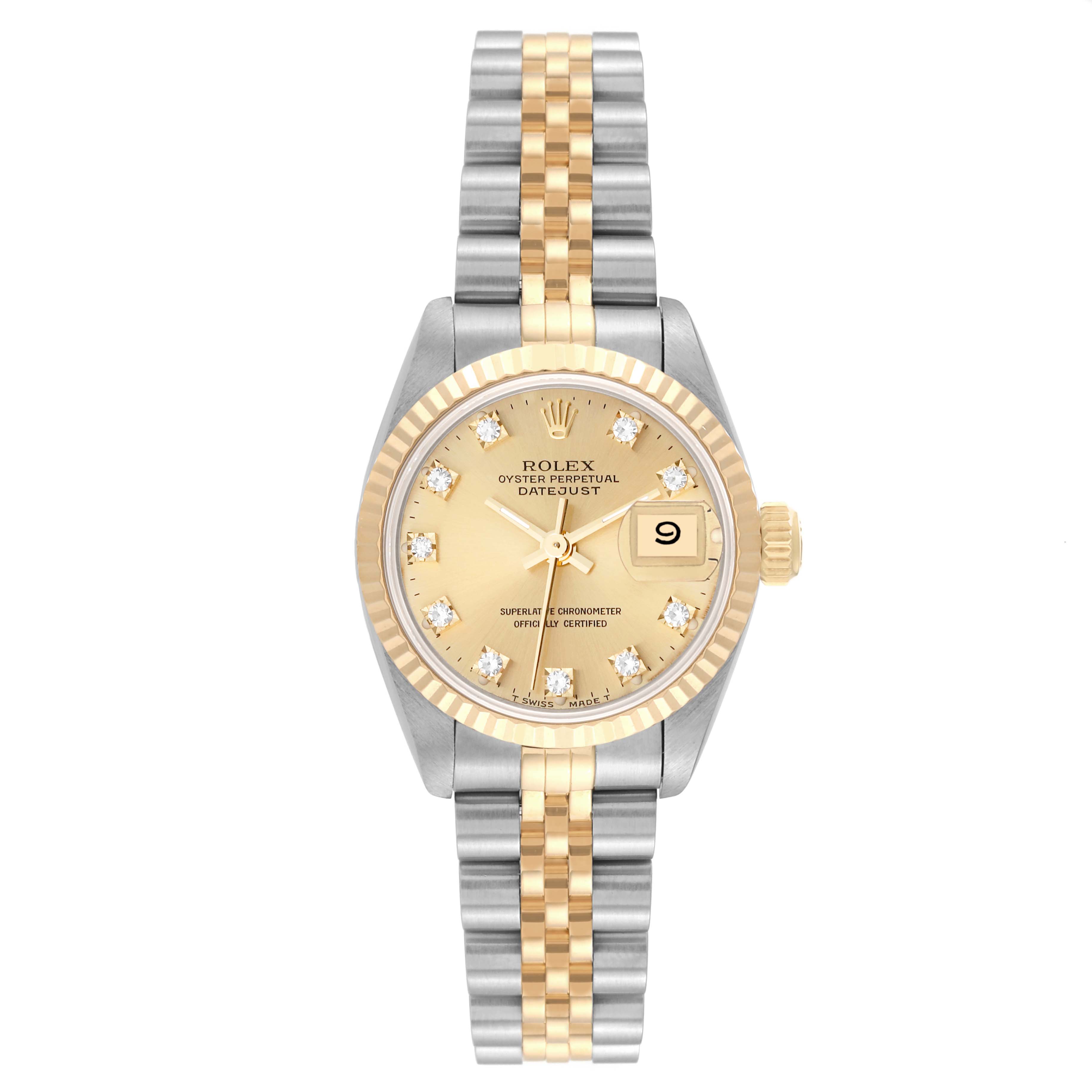 This image shows a front view of a Rolex Datejust 69173 Women's Steel and Gold (two tone) Champagne Dial 69173 Women's Steel and Gold (two tone) Champagne Dial watch, featuring its dial, bezel, and two-tone bracelet.