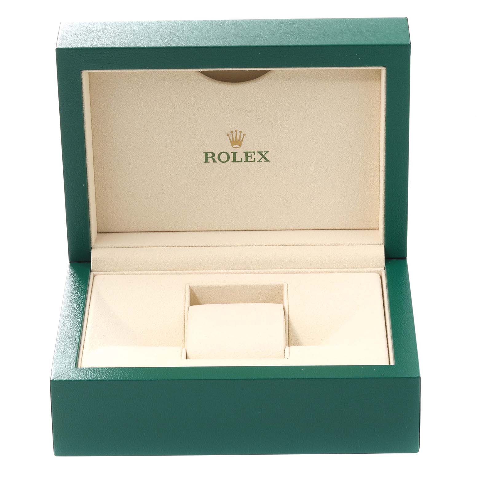 The image shows an open green and beige Rolex box for the Datejust 41 model, angled from the front.
