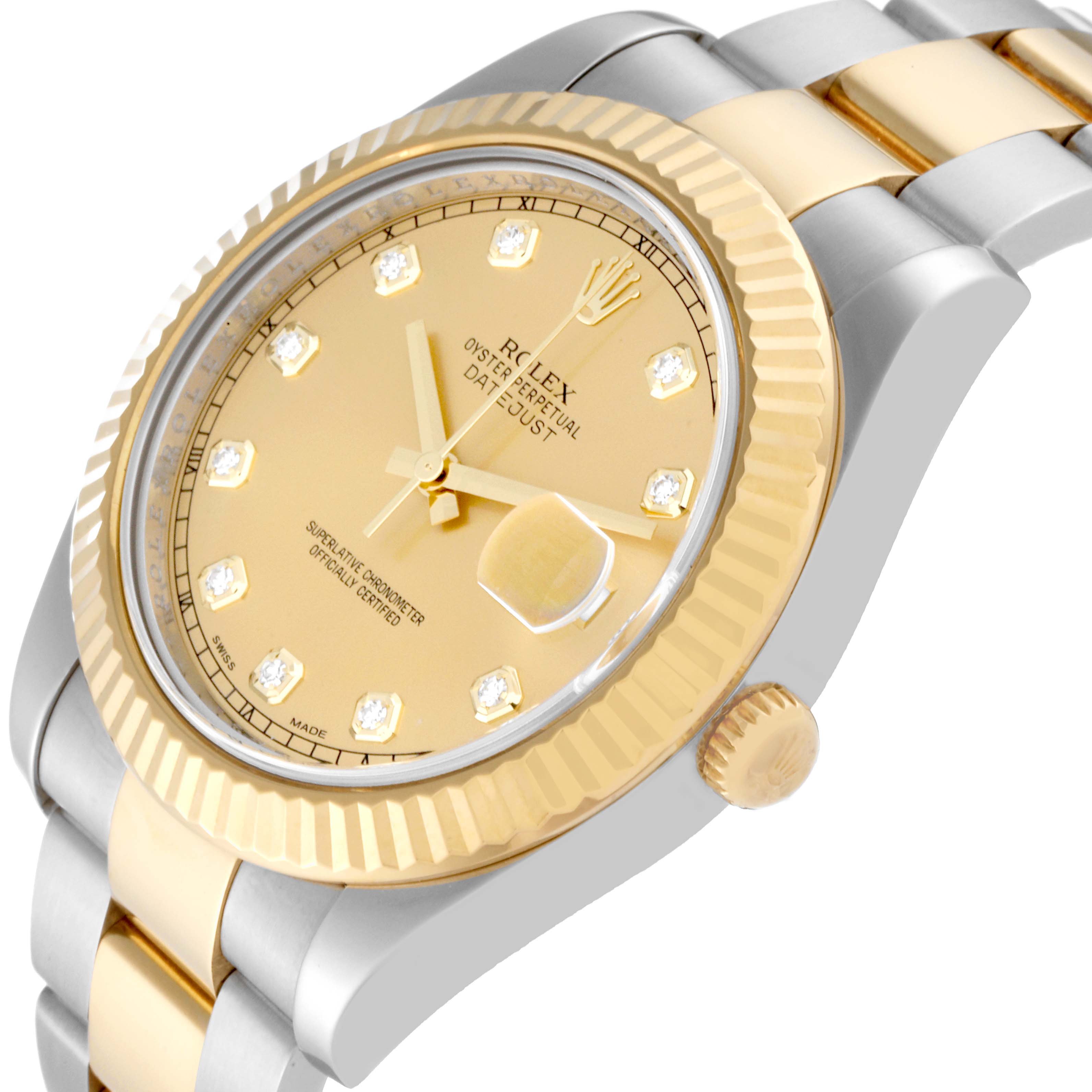 The Rolex Datejust 41 116333 Men's Steel and Gold (two tone) Champagne Dial 116333 Men's Steel and Gold (two tone) Champagne Dial model is shown at a slight angle showcasing its gold dial, fluted bezel, and two-tone bracelet.