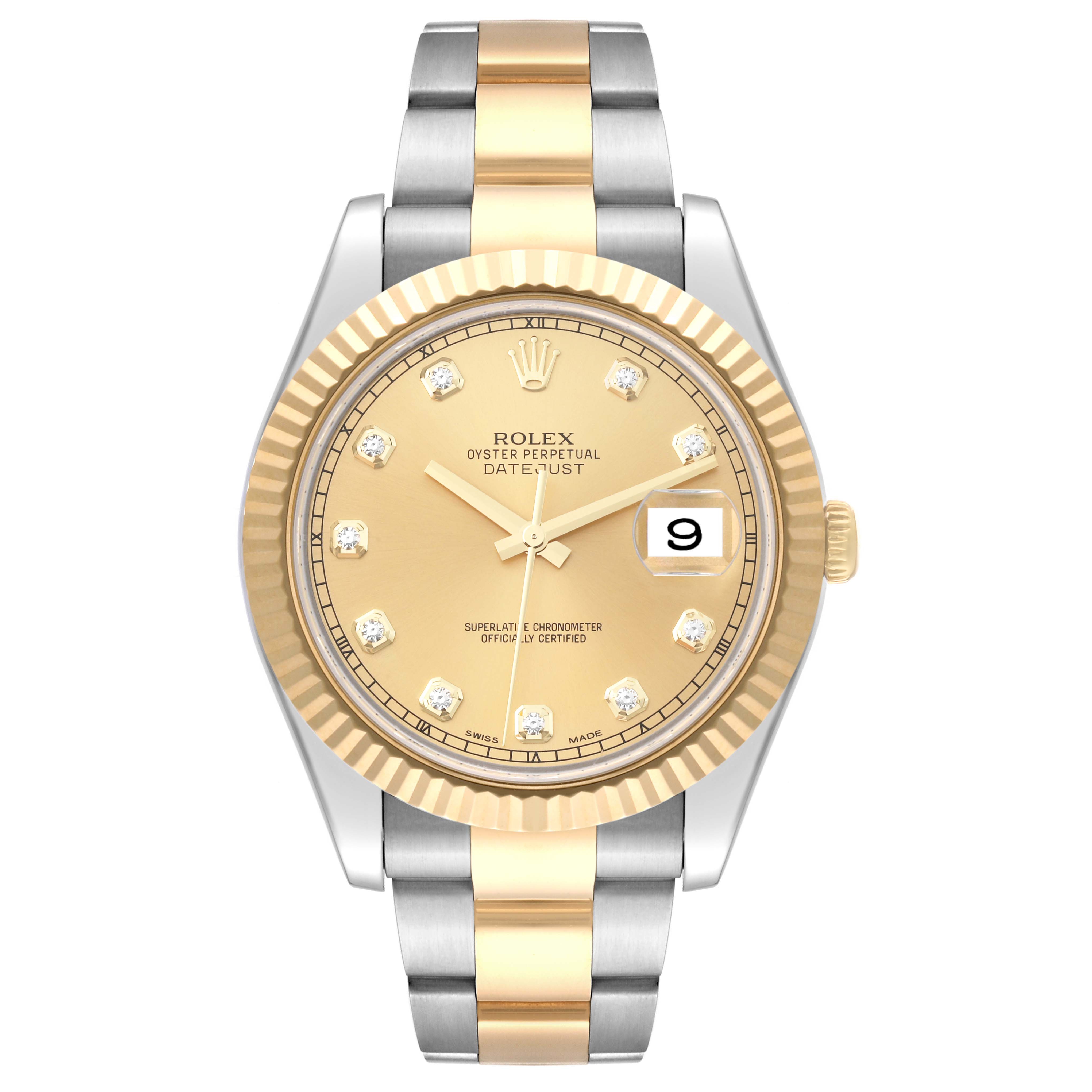 The image shows a front view of the Rolex Datejust 41 116333 Men's Steel and Gold (two tone) Champagne Dial 116333 Men's Steel and Gold (two tone) Champagne Dial watch, highlighting its gold dial, fluted bezel, and two-tone bracelet.