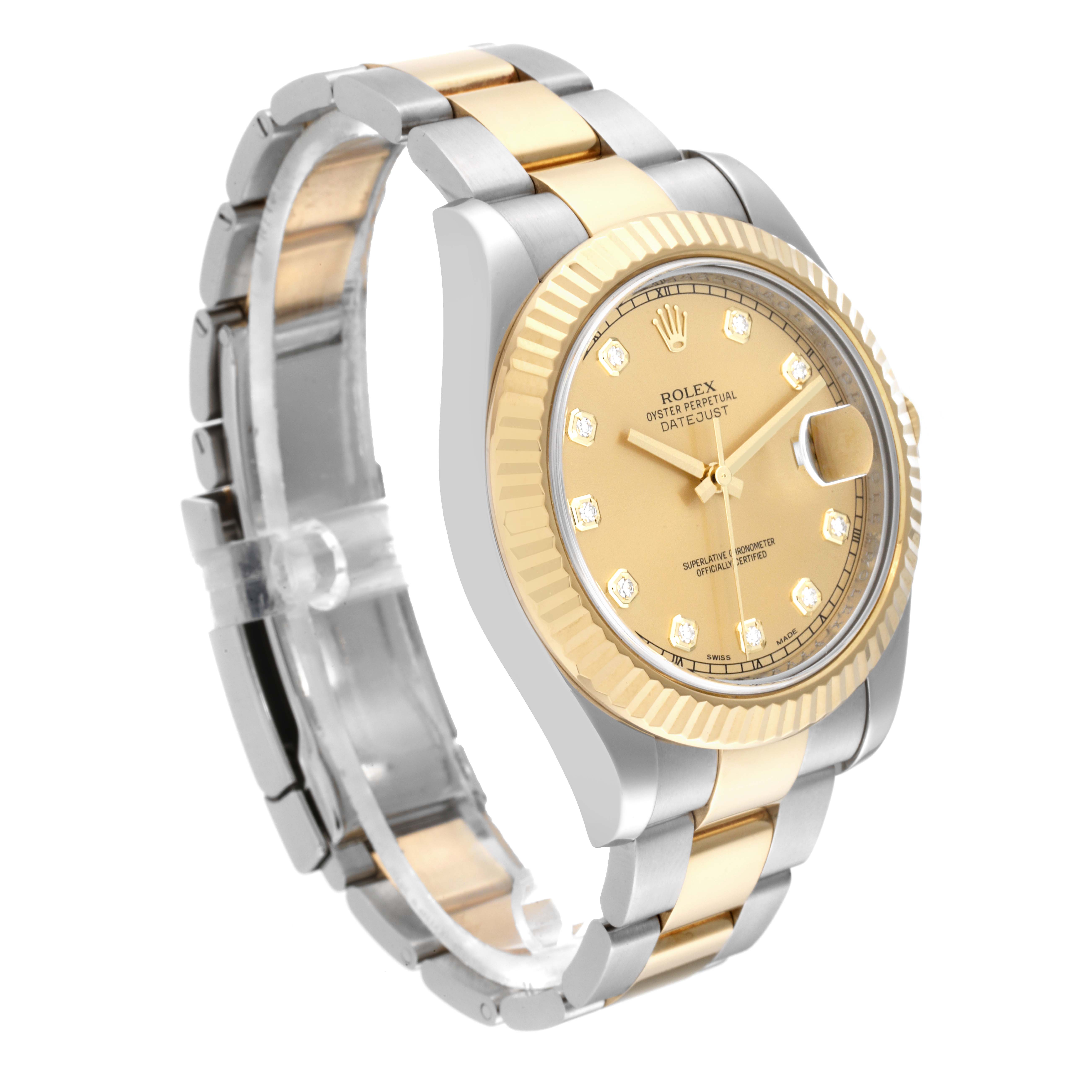 The Rolex Datejust 41 116333 Men's Steel and Gold (two tone) Champagne Dial 116333 Men's Steel and Gold (two tone) Champagne Dial watch in the image is shown from a 3/4 angle showcasing the dial, bezel, and bracelet.