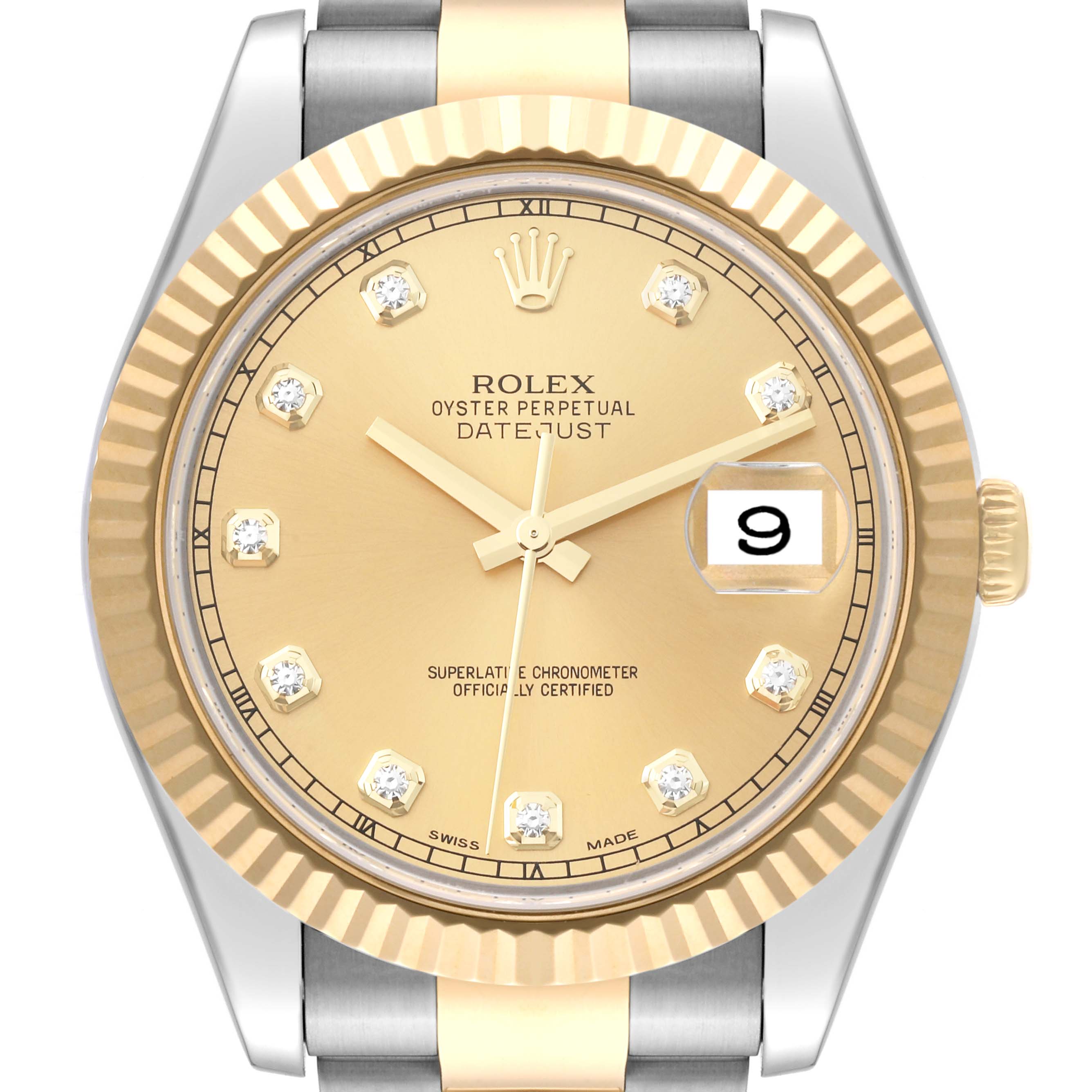 The Rolex Datejust 41 116333 Men's Steel and Gold (two tone) Champagne Dial 116333 Men's Steel and Gold (two tone) Champagne Dial watch face is shown at a straight-on angle, displaying the dial, fluted bezel, and bracelet.