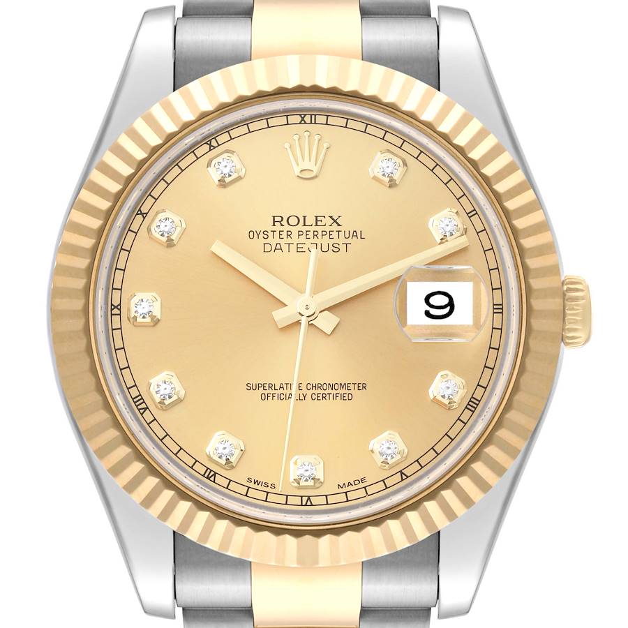 The Rolex Datejust 41 watch face is shown at a straight-on angle, displaying the dial, fluted bezel, and bracelet.