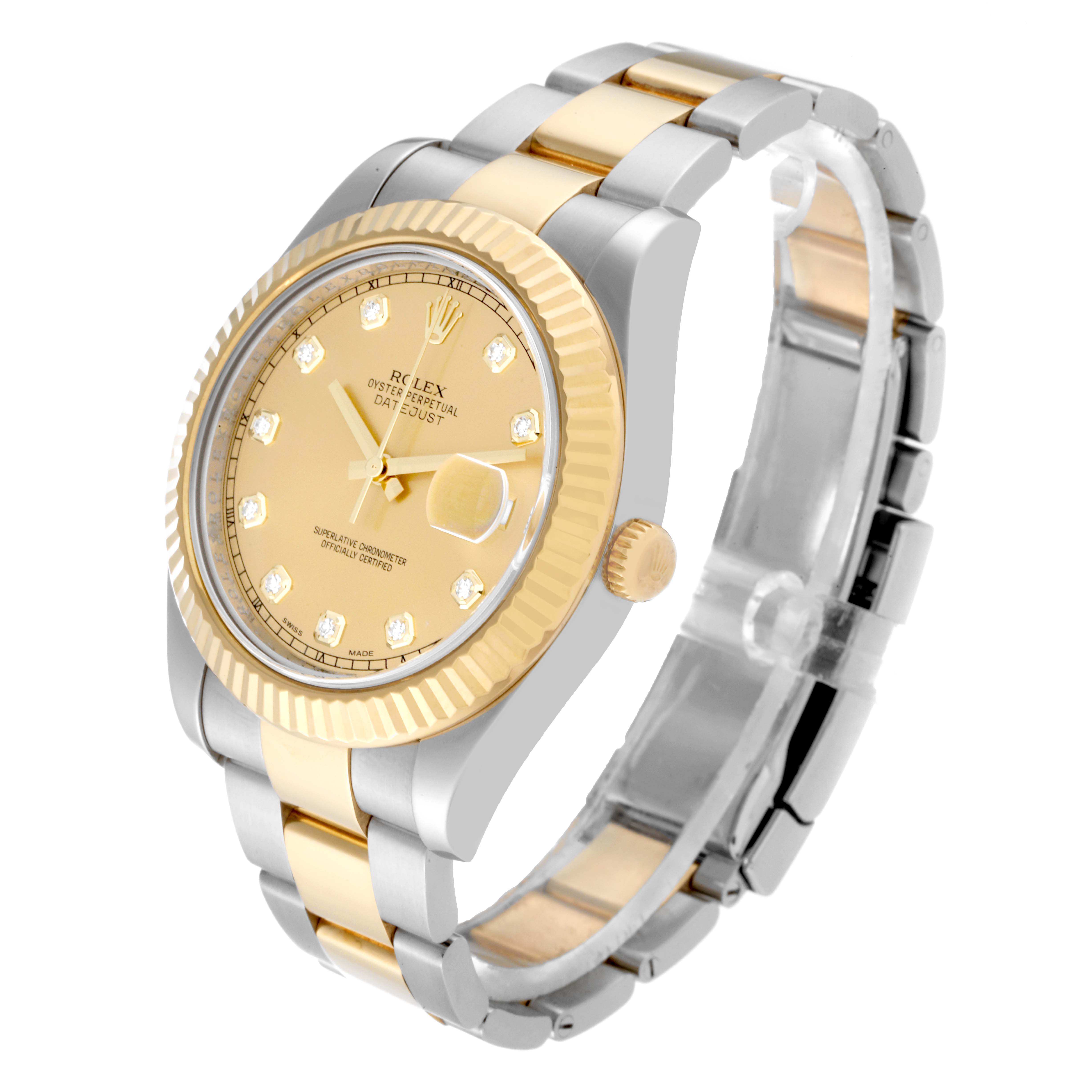 The image shows a Rolex Datejust 41 116333 Men's Steel and Gold (two tone) Champagne Dial 116333 Men's Steel and Gold (two tone) Champagne Dial watch at a side angle, highlighting its gold dial, bezel, and two-tone bracelet.