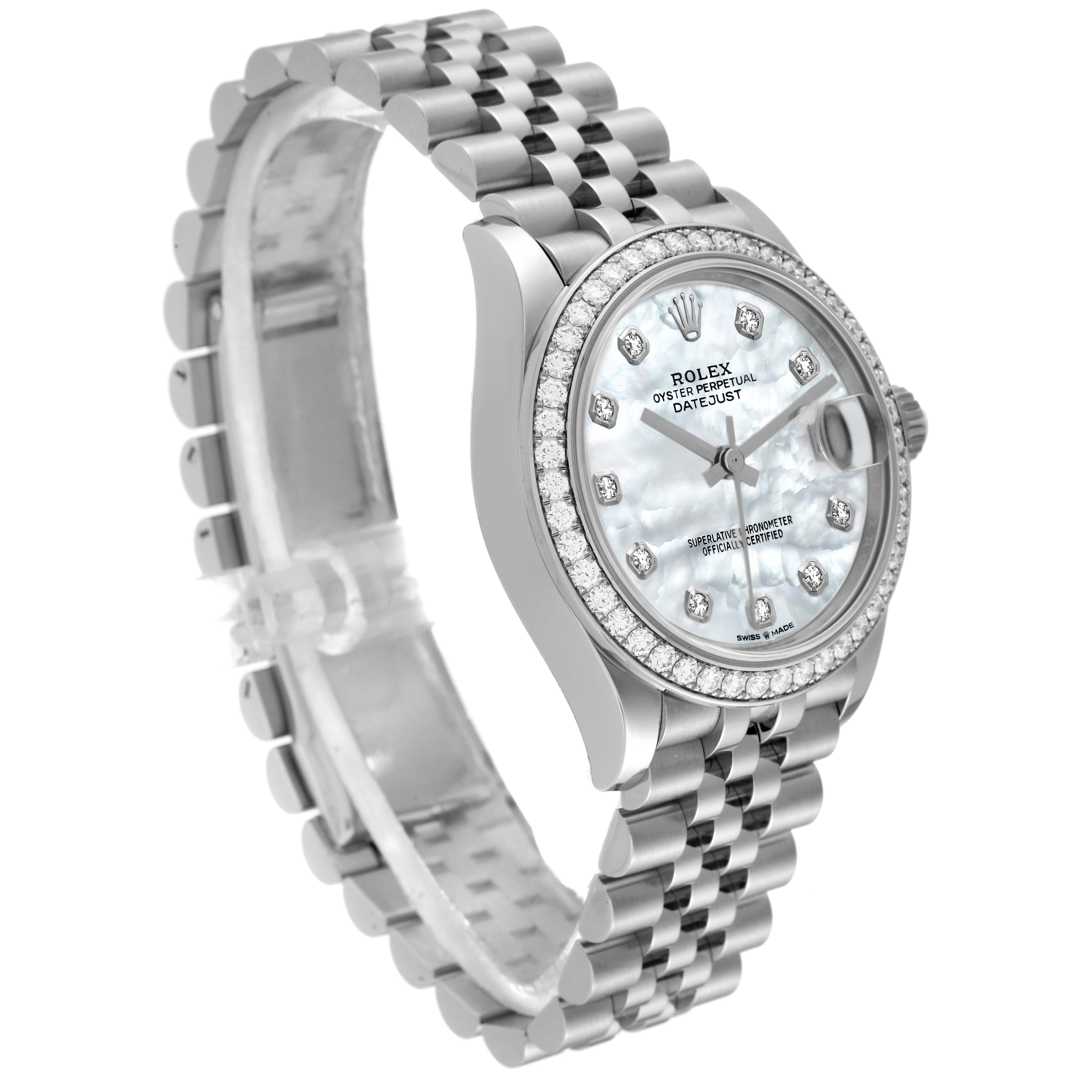 The image shows a side-angle view of the Rolex Mid-Size 278384 Women's Stainless Steel Mother of Pearl Dial 278384 Women's Stainless Steel Mother of Pearl Dial Oyster Perpetual Datejust watch, displaying its face, bracelet, and bezel.