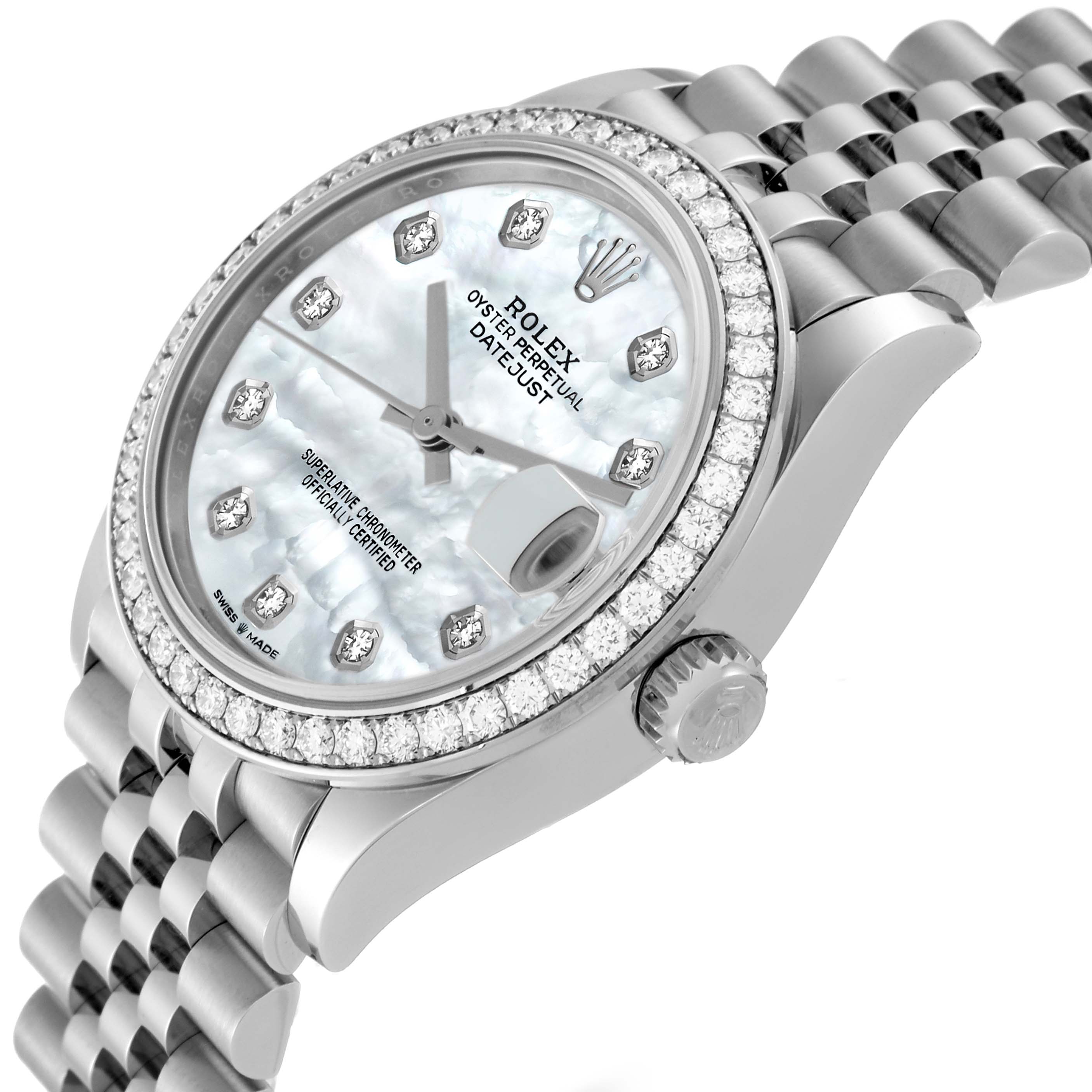 The image shows a Mid-Size Rolex Datejust watch from a tilted side angle, highlighting the dial, bezel, and part of the bracelet.