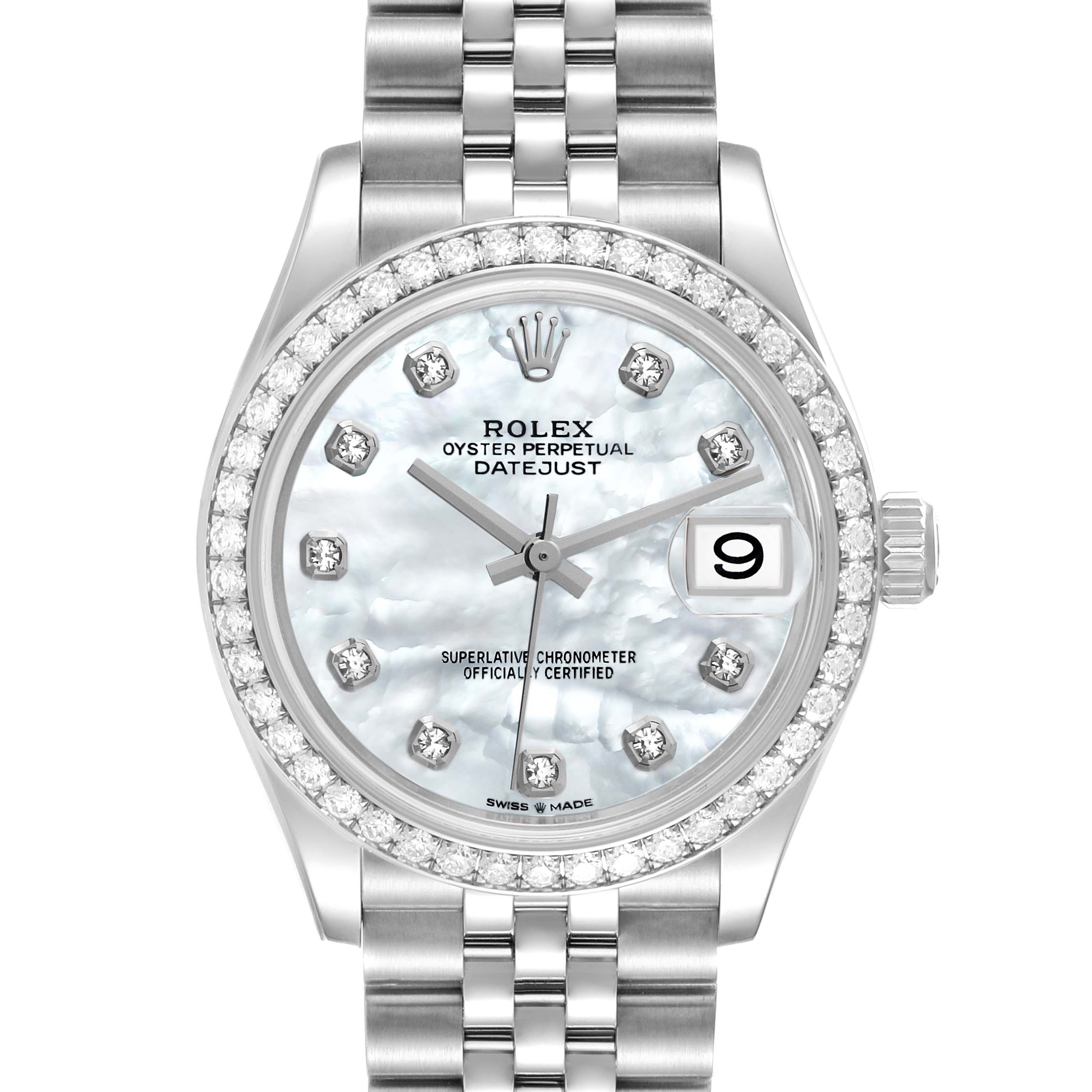 This image shows a front view of a Rolex Mid-Size 278384 Women's Stainless Steel Mother of Pearl Dial 278384 Women's Stainless Steel Mother of Pearl Dial Datejust watch, highlighting its jubilee bracelet, diamond bezel, and mother-of-pearl dial.