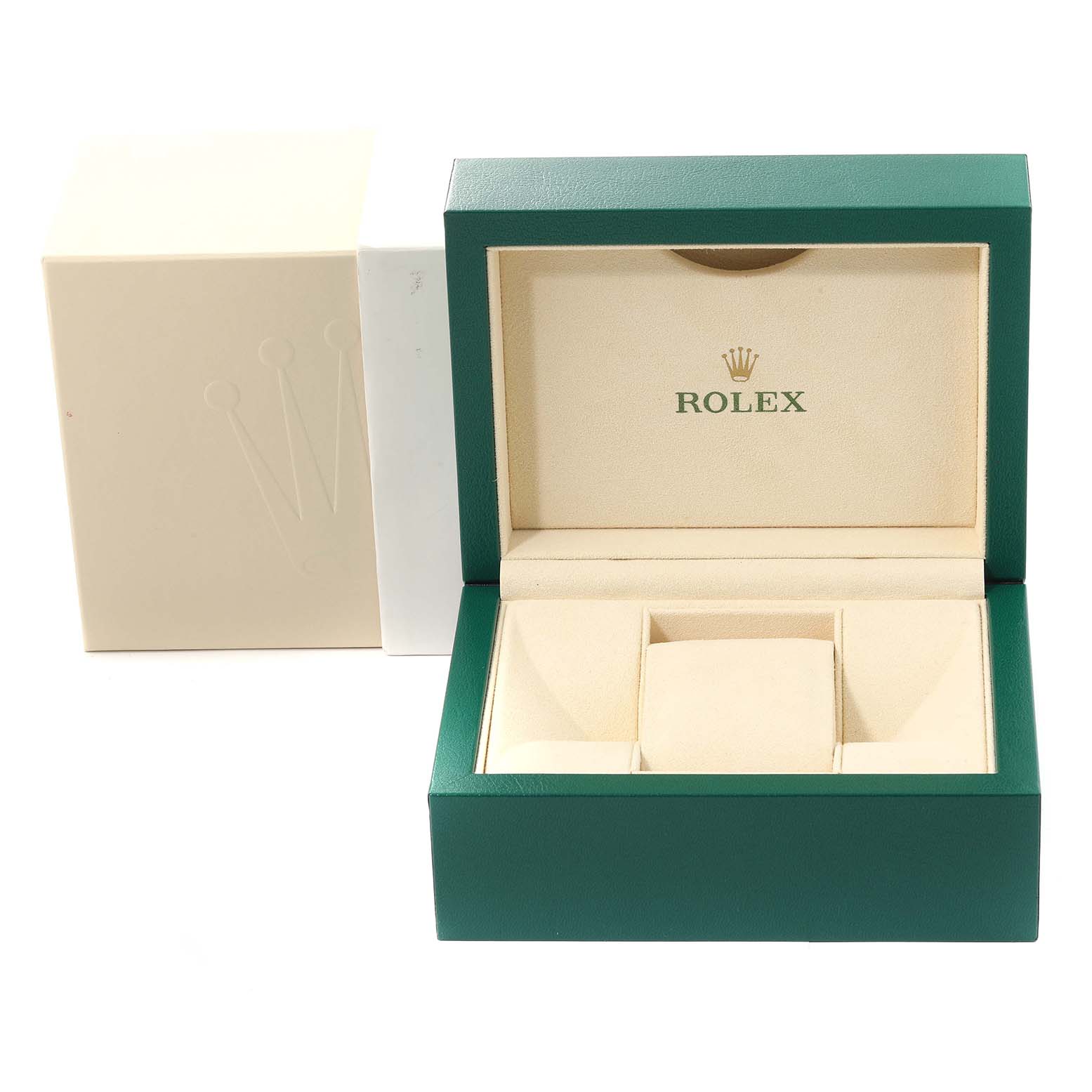 The image shows the open green box and outer case for a Rolex Mid-Size 278384 Women's Stainless Steel Mother of Pearl Dial 278384 Women's Stainless Steel Mother of Pearl Dial watch.