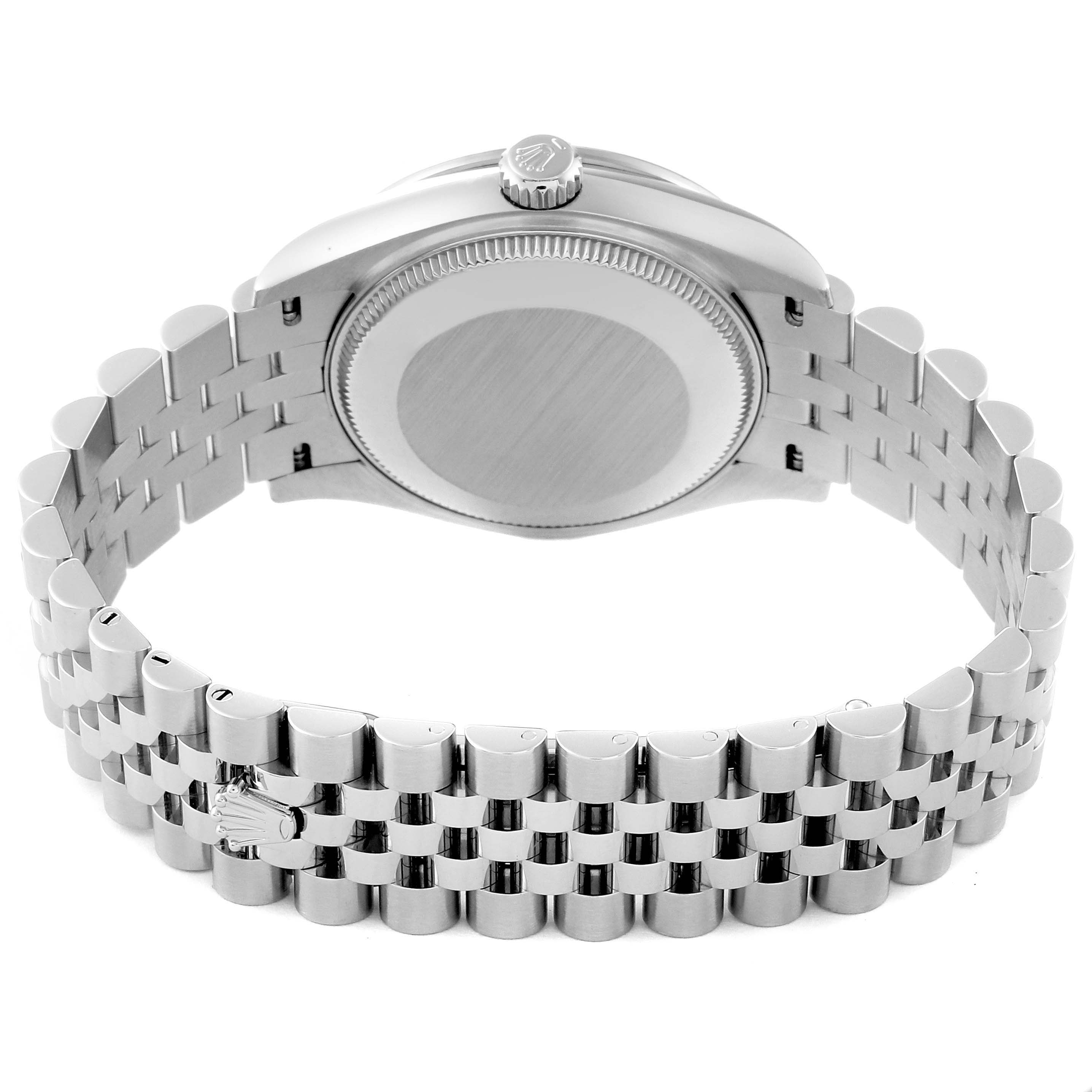 The image shows the back of a Rolex Mid-Size 278384 Women's Stainless Steel Mother of Pearl Dial 278384 Women's Stainless Steel Mother of Pearl Dial watch, highlighting the case back and metal bracelet.