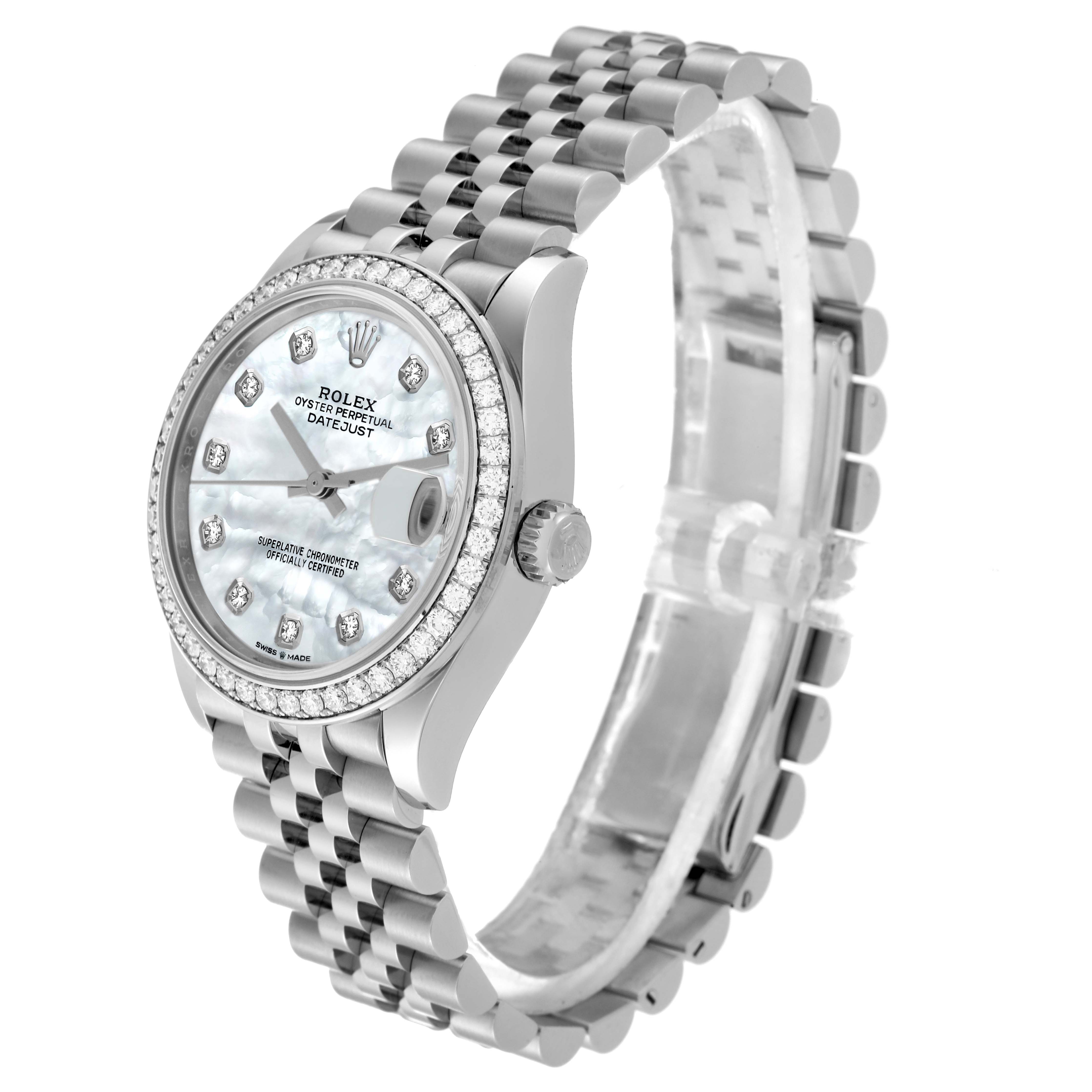 The image shows a Rolex Mid-Size 278384 Women's Stainless Steel Mother of Pearl Dial 278384 Women's Stainless Steel Mother of Pearl Dial Datejust watch at an angled view showcasing the face, bezel, side crown, and part of the bracelet.