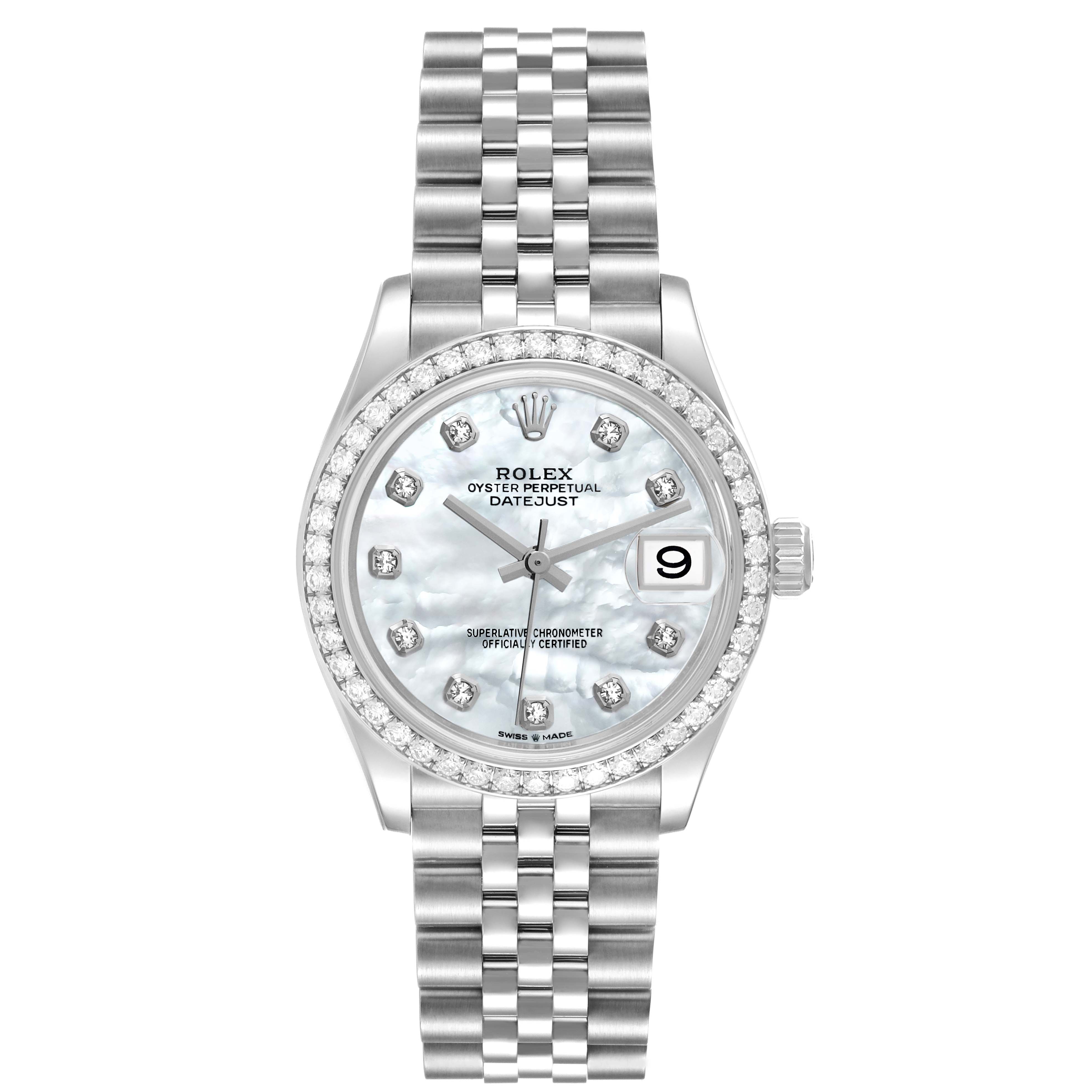 The Rolex Mid-Size 278384 Women's Stainless Steel Mother of Pearl Dial 278384 Women's Stainless Steel Mother of Pearl Dial Datejust watch is displayed from a front angle showing the face, bezel, dial, hands, and bracelet.