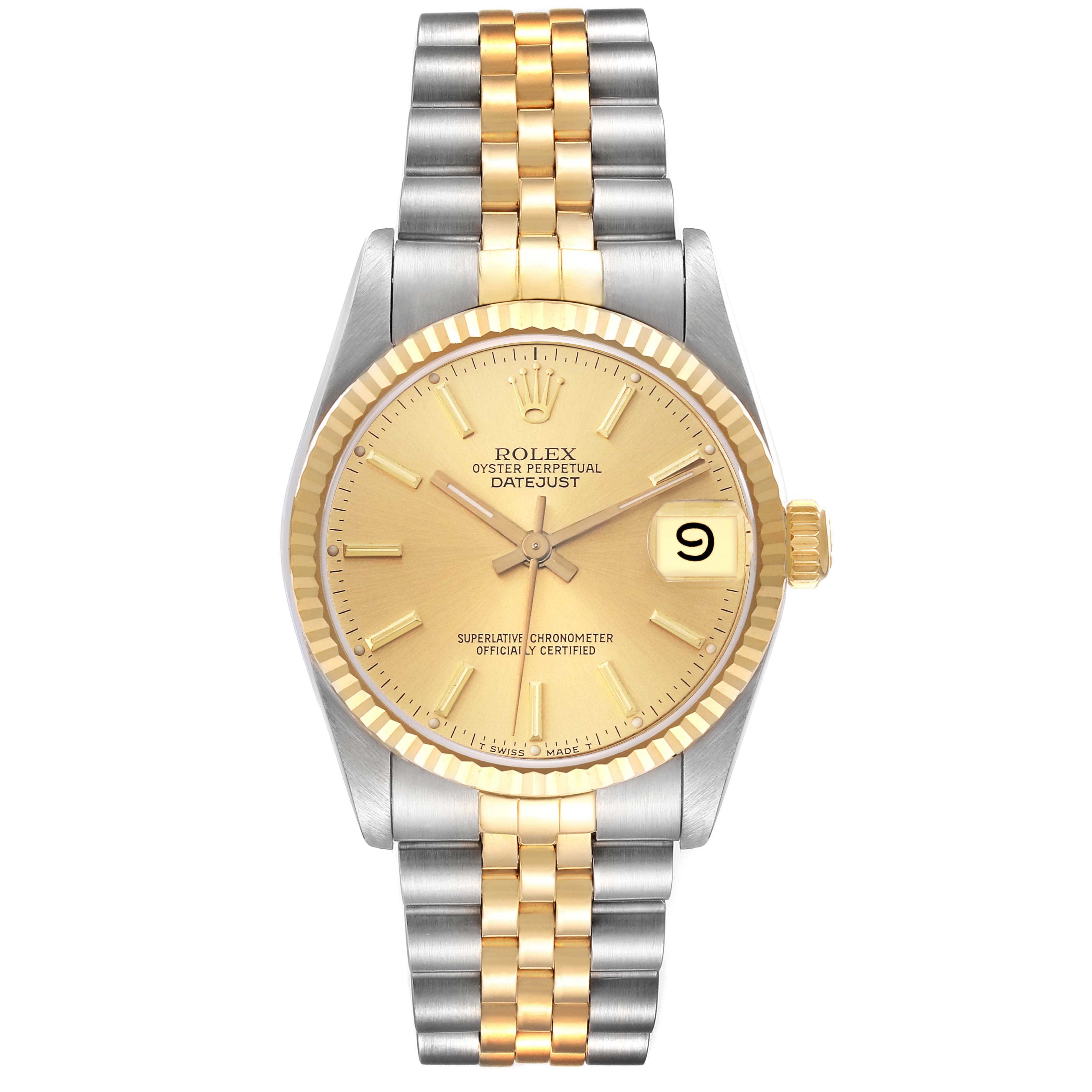 This is a front-facing view of a Rolex Mid-Size 68273 Women's Steel and Gold (two tone) Champagne Dial 68273 Women's Steel and Gold (two tone) Champagne Dial Oyster Perpetual Datejust showing the dial, bezel, crown, and jubilee bracelet.