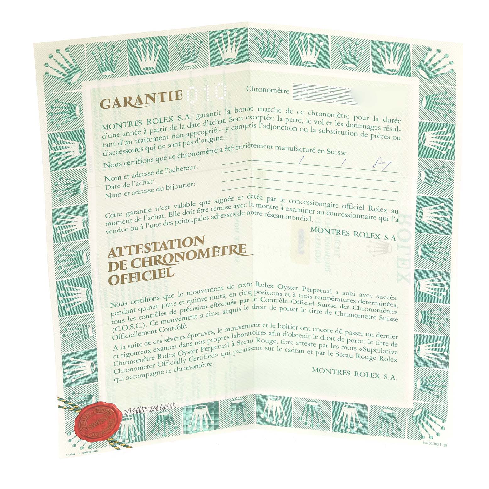 This image shows a warranty certificate for a Mid-Size Rolex watch, with official text and logos.