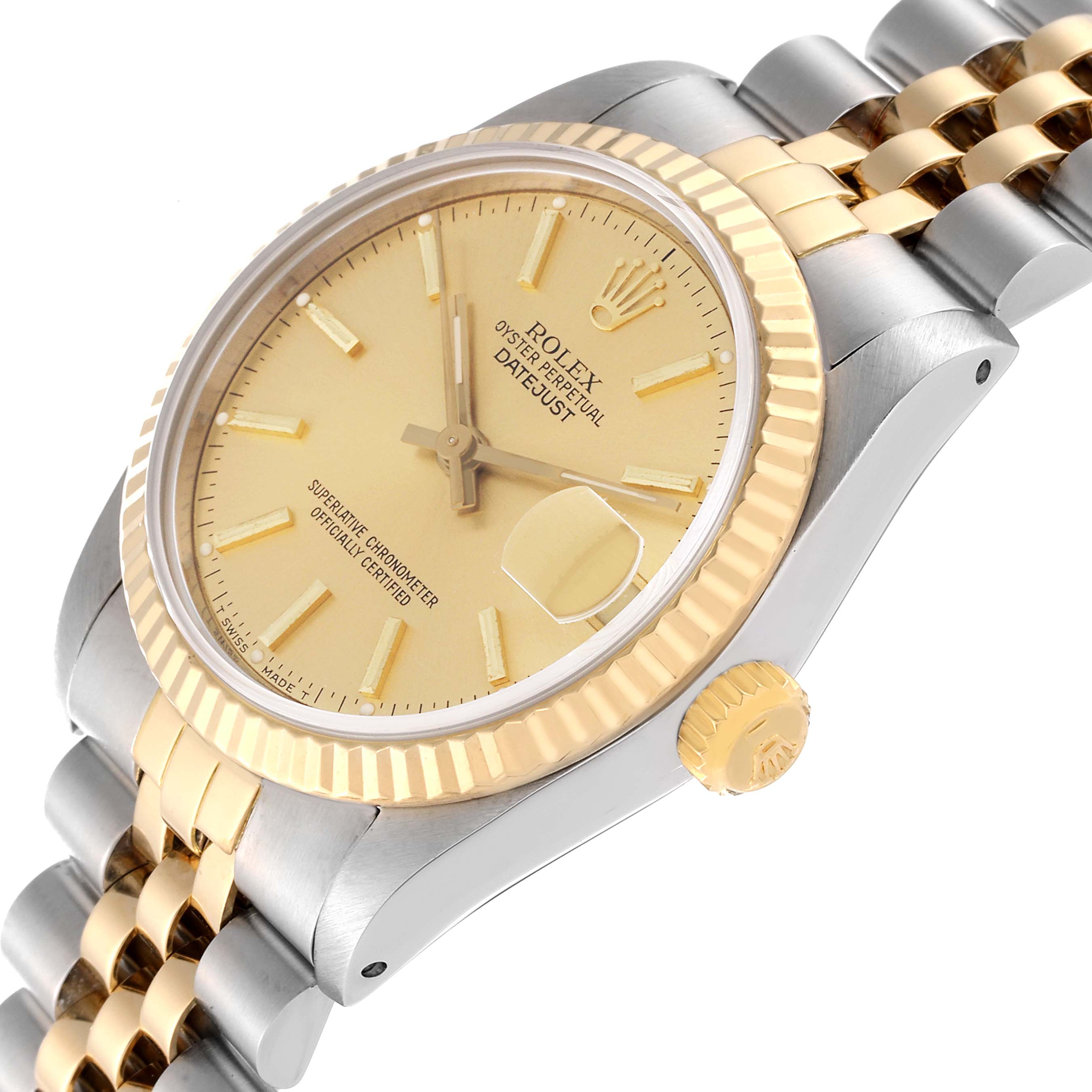 The image shows a slight side angle of a Rolex Datejust Mid-Size watch, highlighting the bezel, crown, and part of the bracelet.