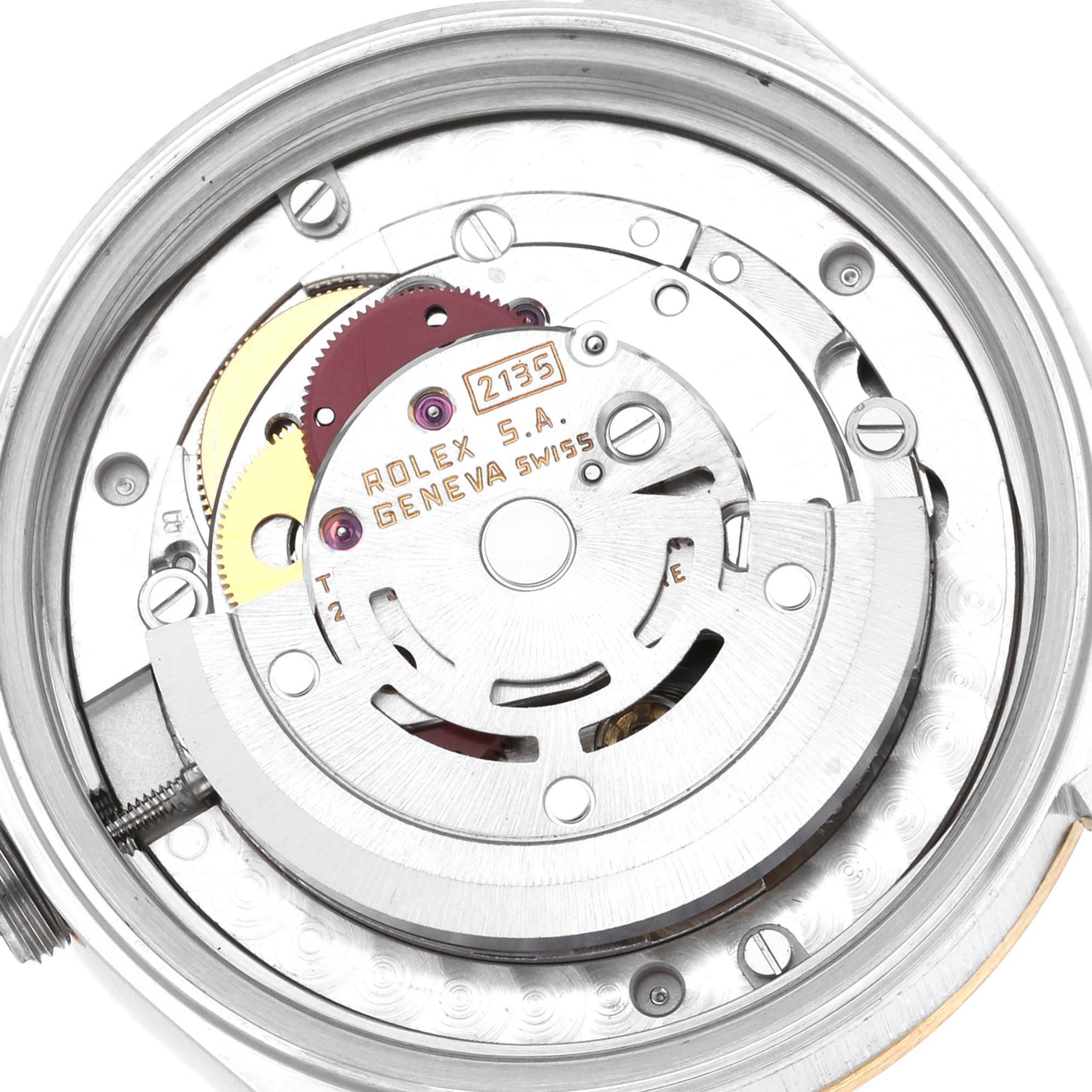 This image shows the detailed internal movement mechanism of a Rolex Mid-Size 68273 Women's Steel and Gold (two tone) Champagne Dial 68273 Women's Steel and Gold (two tone) Champagne Dial watch from a top-down angle.