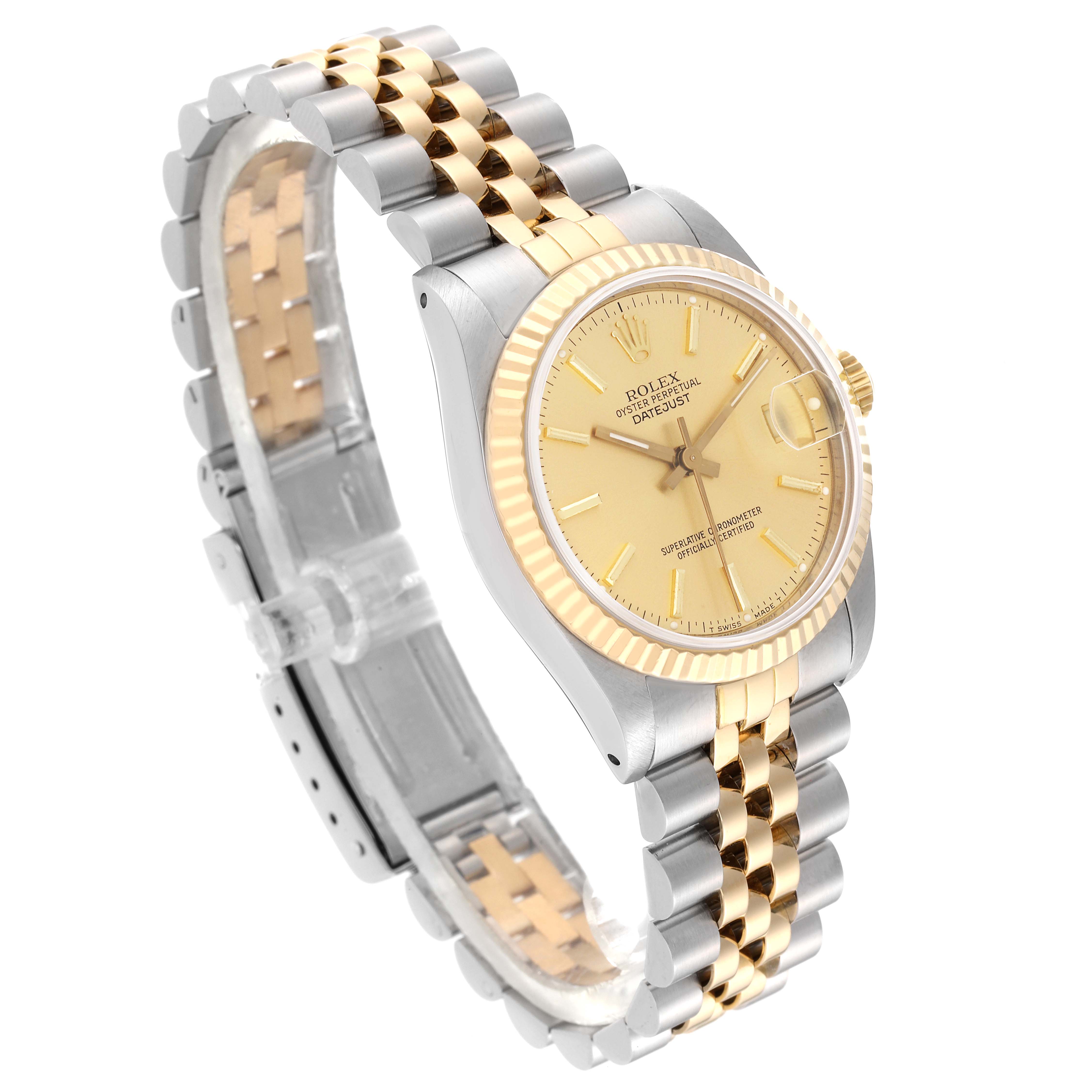 This image shows a Mid-Size Rolex Oyster Perpetual Datejust watch in a three-quarter view, highlighting its two-tone bracelet and face.