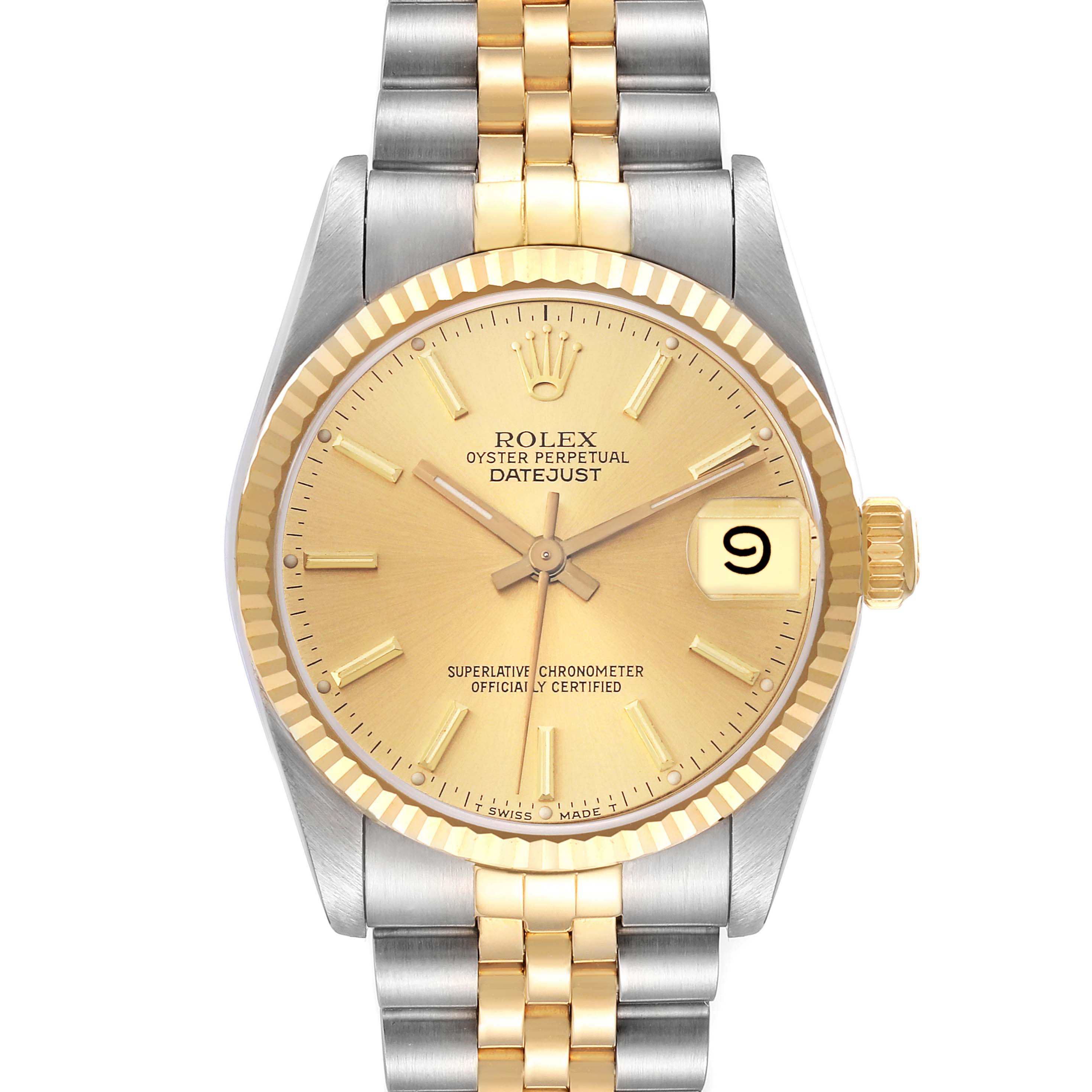 This image shows a front view of a Rolex Oyster Perpetual Datejust Mid-Size watch, highlighting the dial and bracelet.